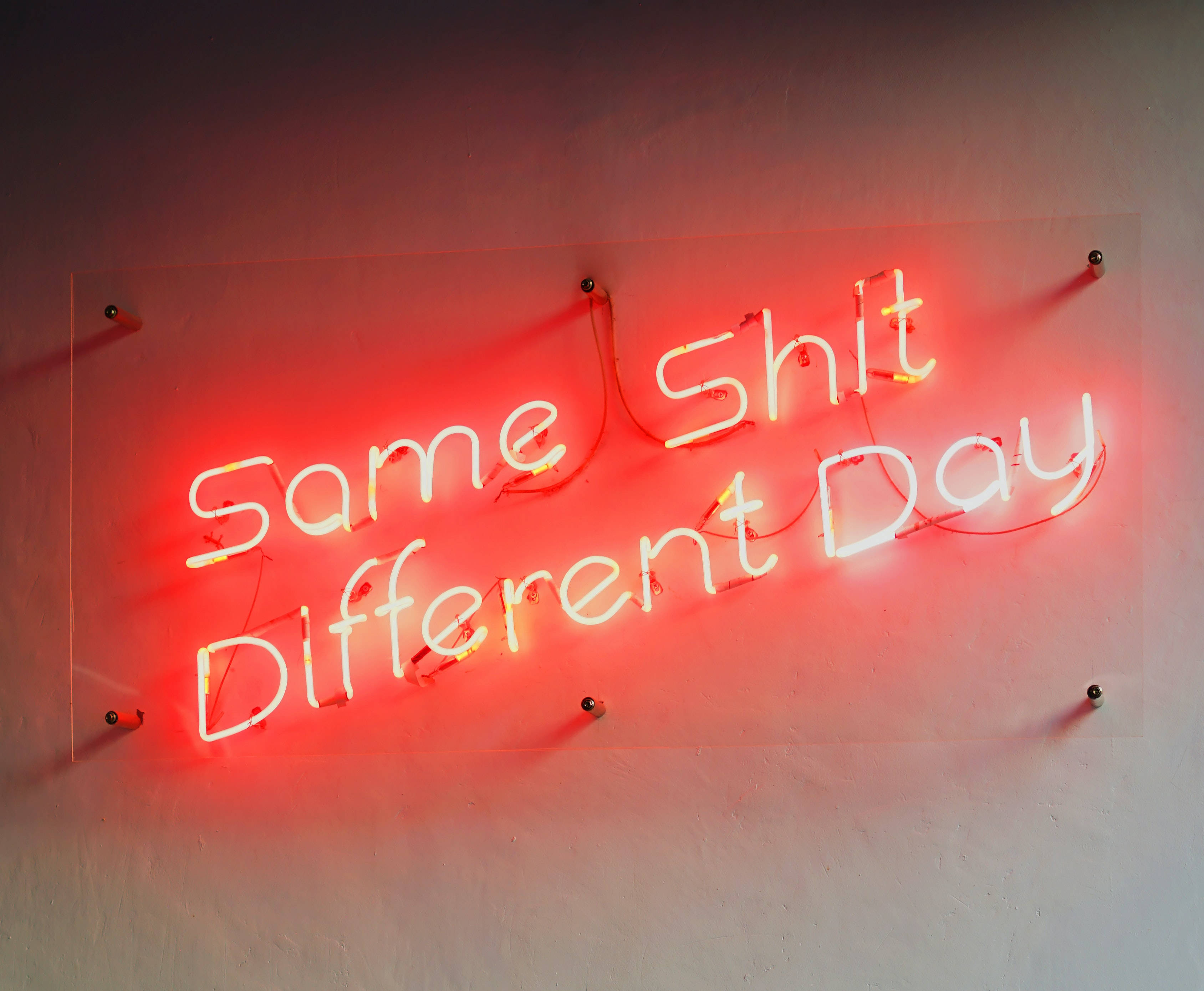 4K 霓虹 桌布 壁紙 — 一個發光的紅色霓虹燈牌，上面寫著「Same Shit Different Day」，安裝在素色牆上。