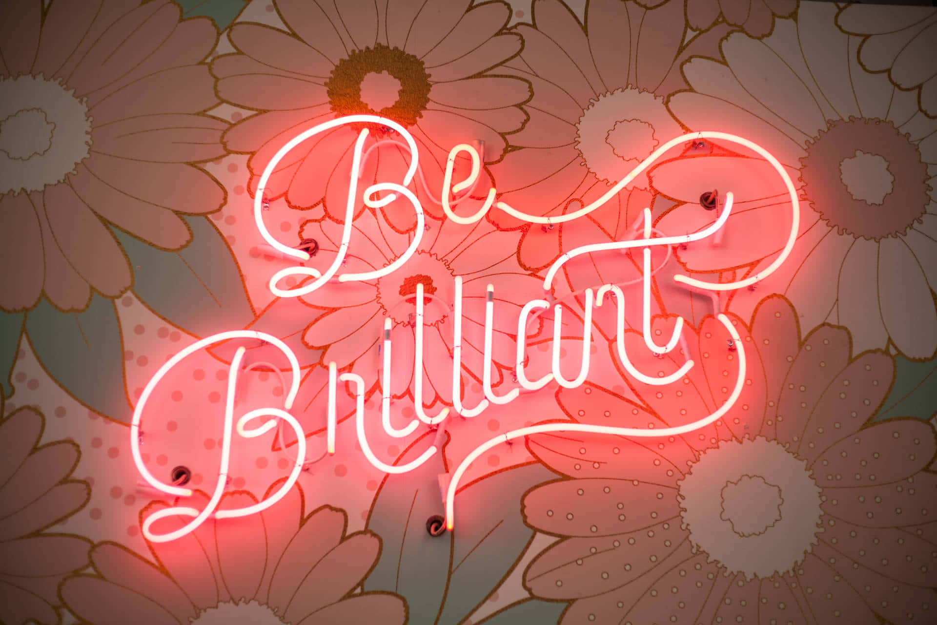 桌布 壁紙 — 一個發光的紅色霓虹燈牌寫著「Be Brilliant」，在柔和粉彩色的花卉壁紙背景下閃耀。