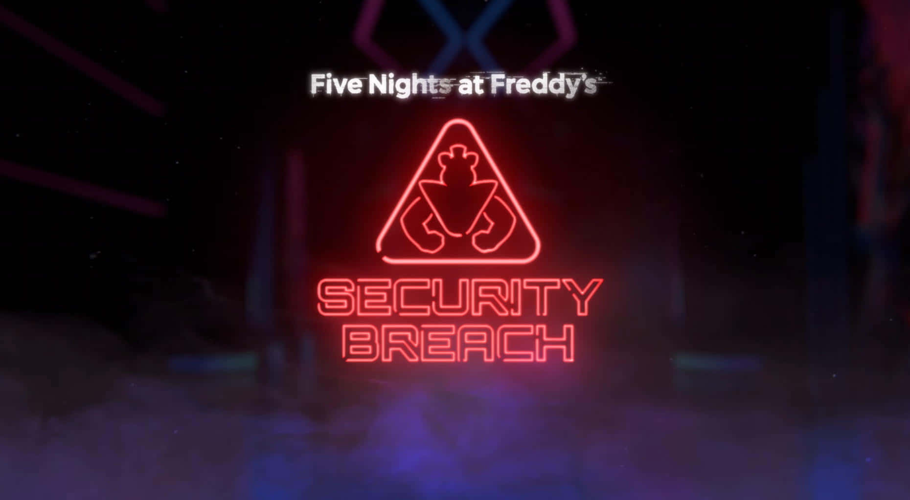 標誌 桌布 壁紙 — 一個發光的紅色霓虹燈牌寫著「Five Nights at Freddy's SECURITY BREACH」，背景是黑暗煙霧彌漫並帶有紫色燈光。