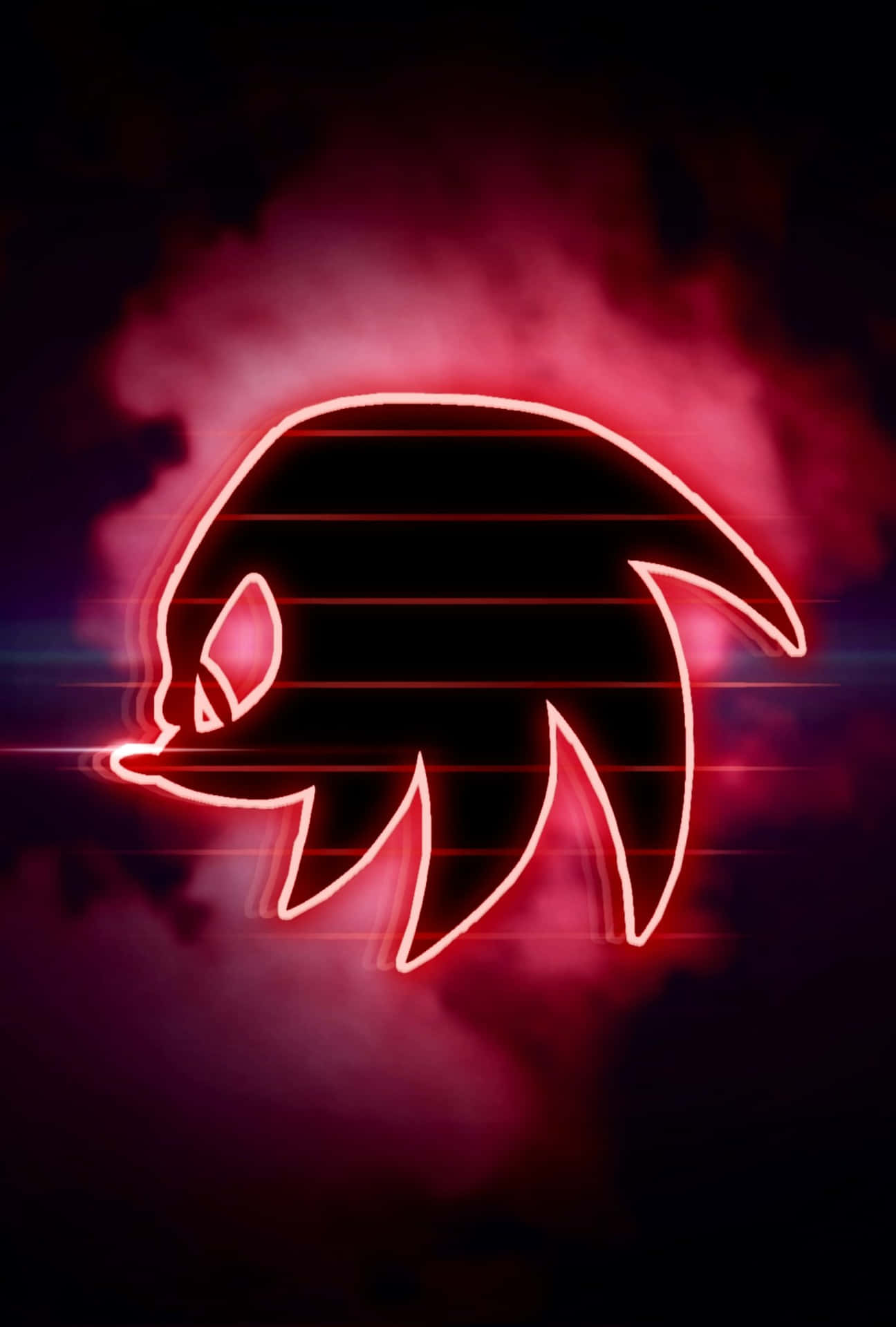 Knuckles 桌布 壁紙 — 一個發光的紅色霓虹燈輪廓，勾勒出音速小子的剪影，背景是煙霧瀰漫的深粉紅色，帶有水平光條。