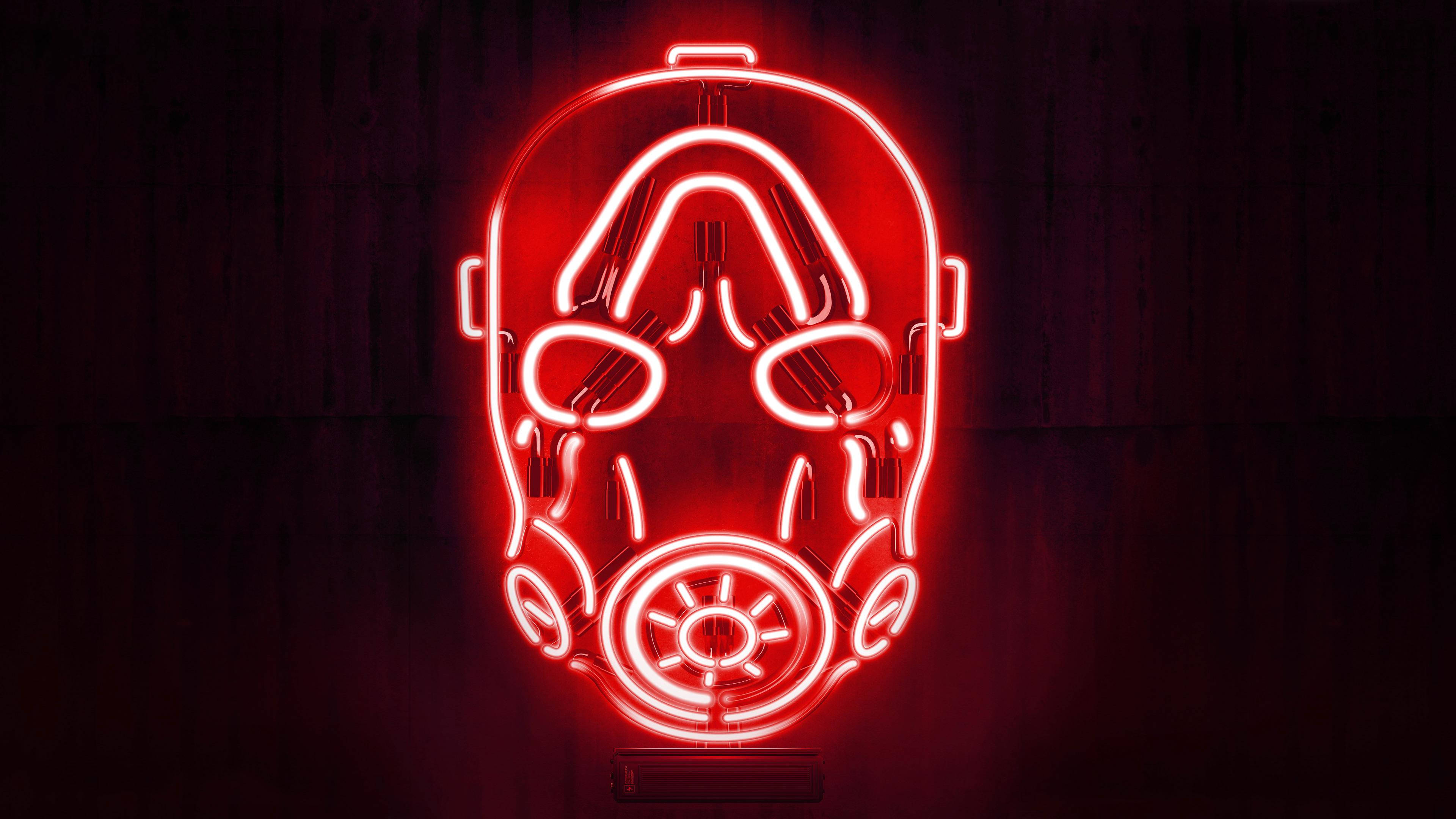 Borderlands 3 桌布 壁紙 — 一個發光的紅色霓虹燈防毒面具標誌在深色木牆上投射出詭異的光芒。