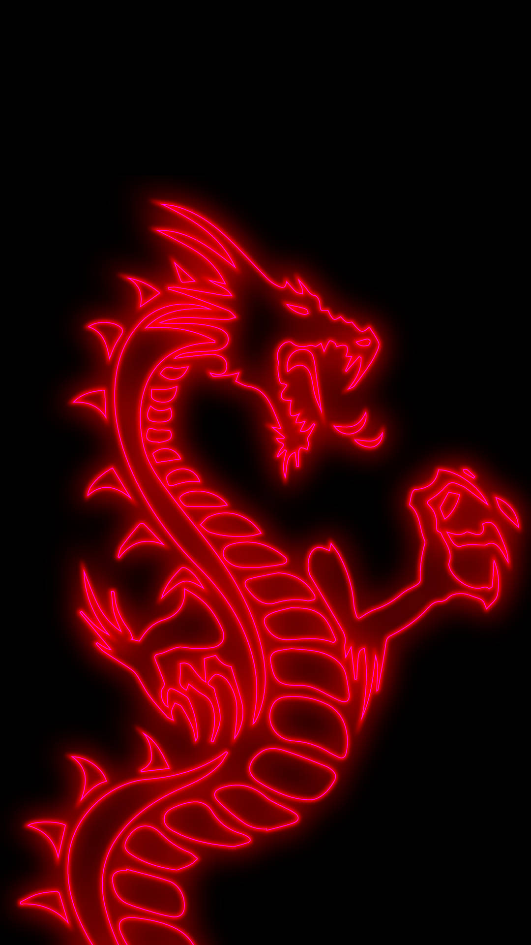 龍 桌布 壁紙 — 一個發光的紅色霓虹龍剪影在純黑色背景上咆哮，帶有尖銳的鋸齒狀尖刺和詳細的鱗片。