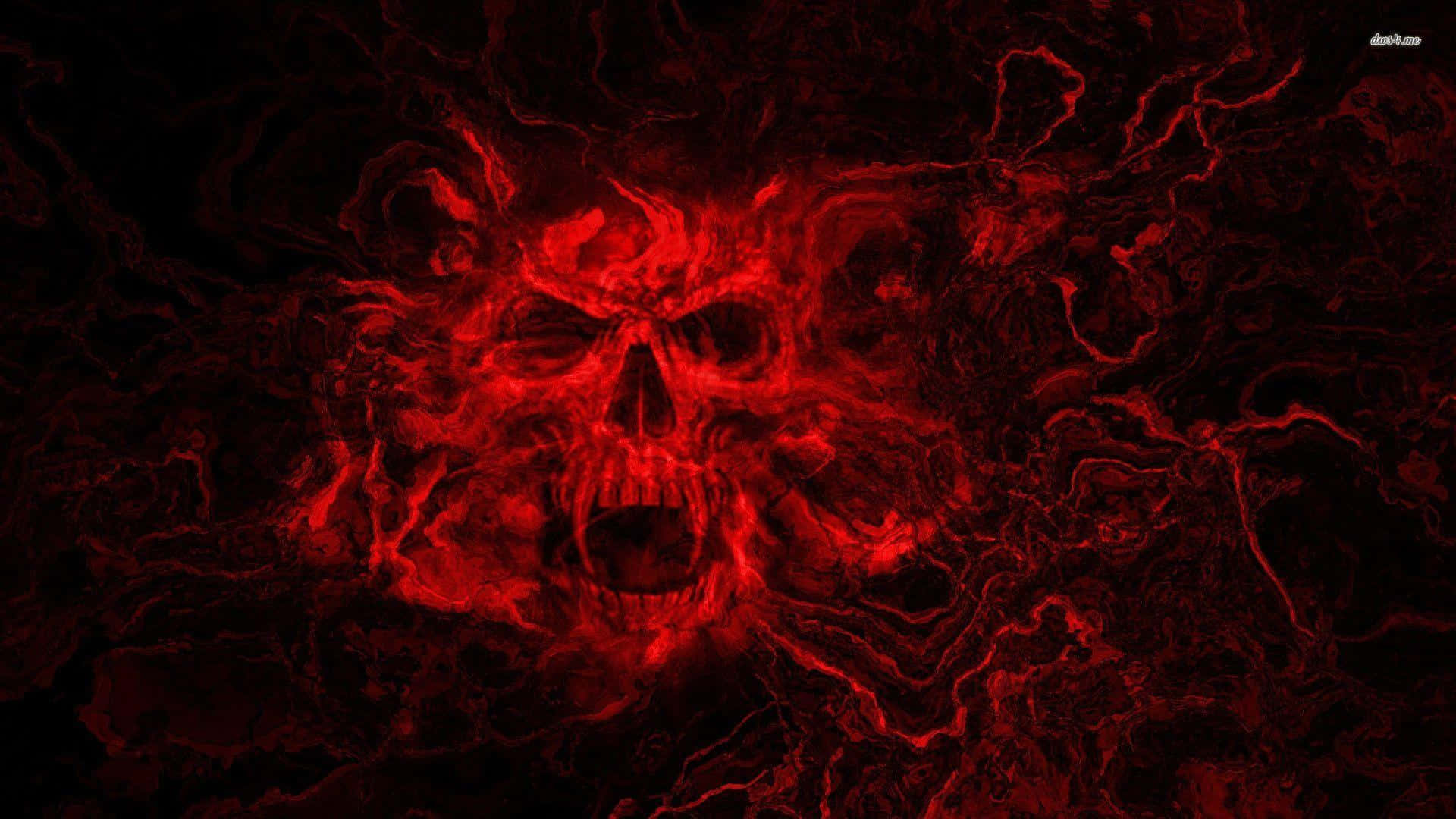 Awesome Skull 桌布 壁紙 — 一個發光的紅色頭骨從旋轉的黑暗能量中浮現，背景為黑色。