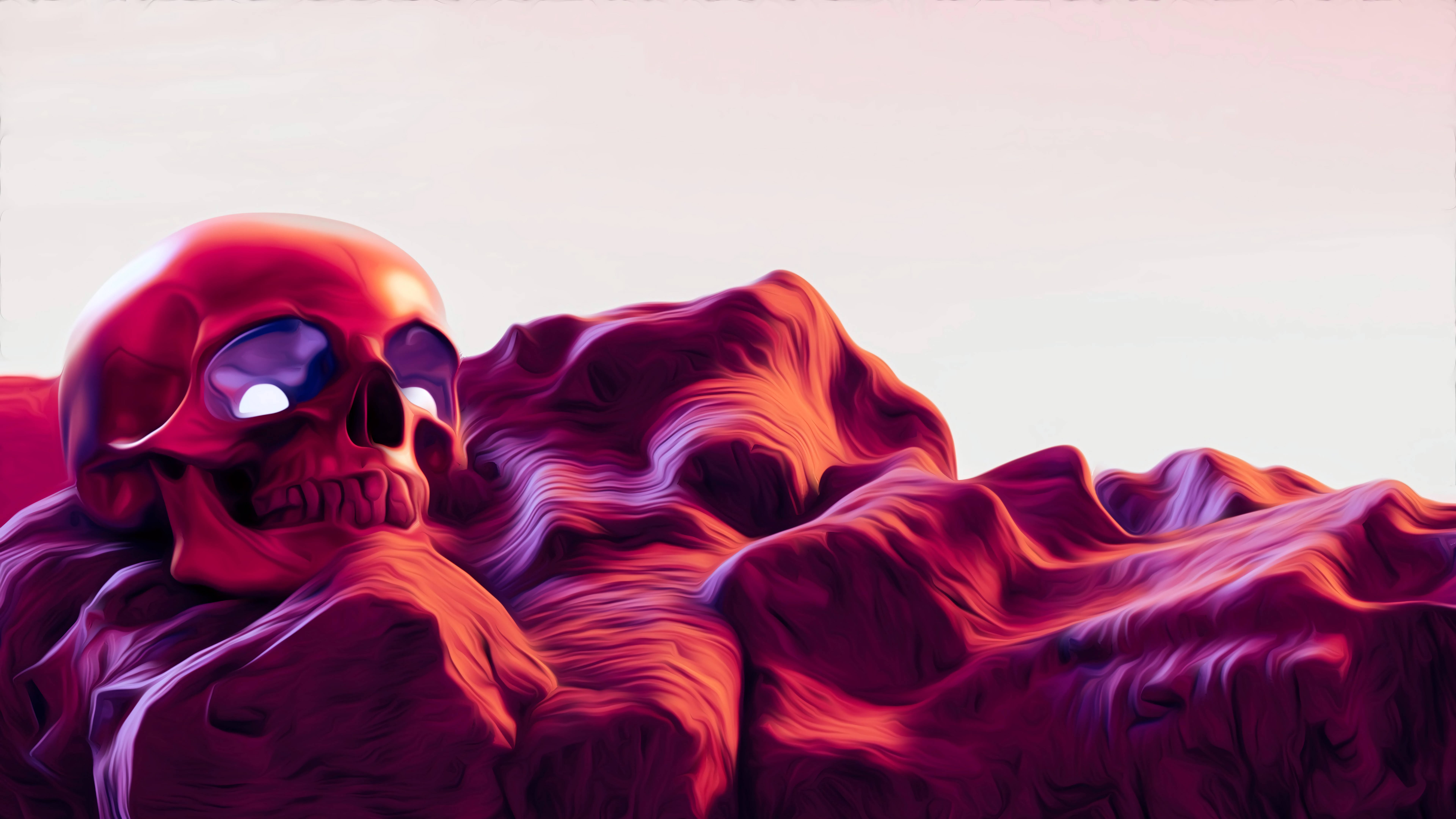 artwork 桌布 壁紙 — 一個發光的紅色頭骨躺在旋轉的深紅和洋紅色布料上，背景是柔和粉彩的天空。