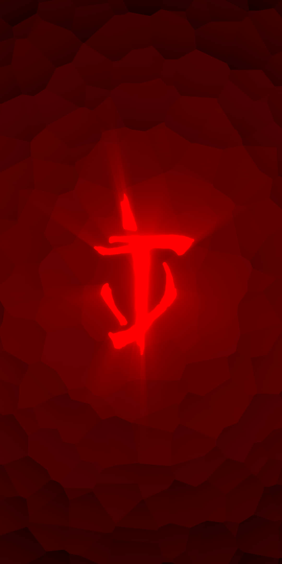 Pixel 3 Doom 桌布 壁紙 — 一個發光的紅色風格化符號在深紅色多邊形背景上散發光芒。