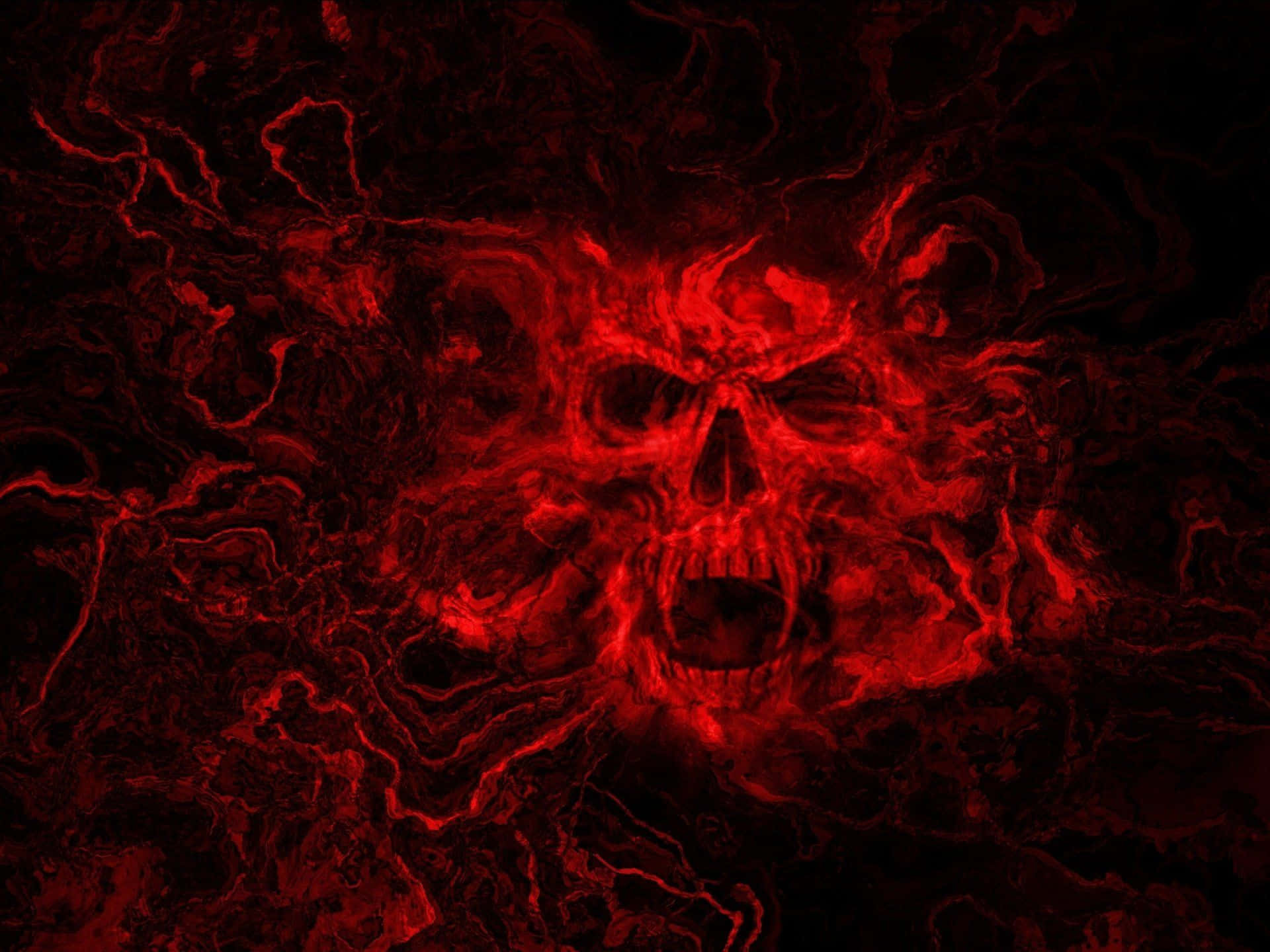 Evil Skull 桌布 壁紙 — 一個發光的紅色骷髏從旋轉的黑暗能量中浮現，構成威脅性的數位藝術作品。