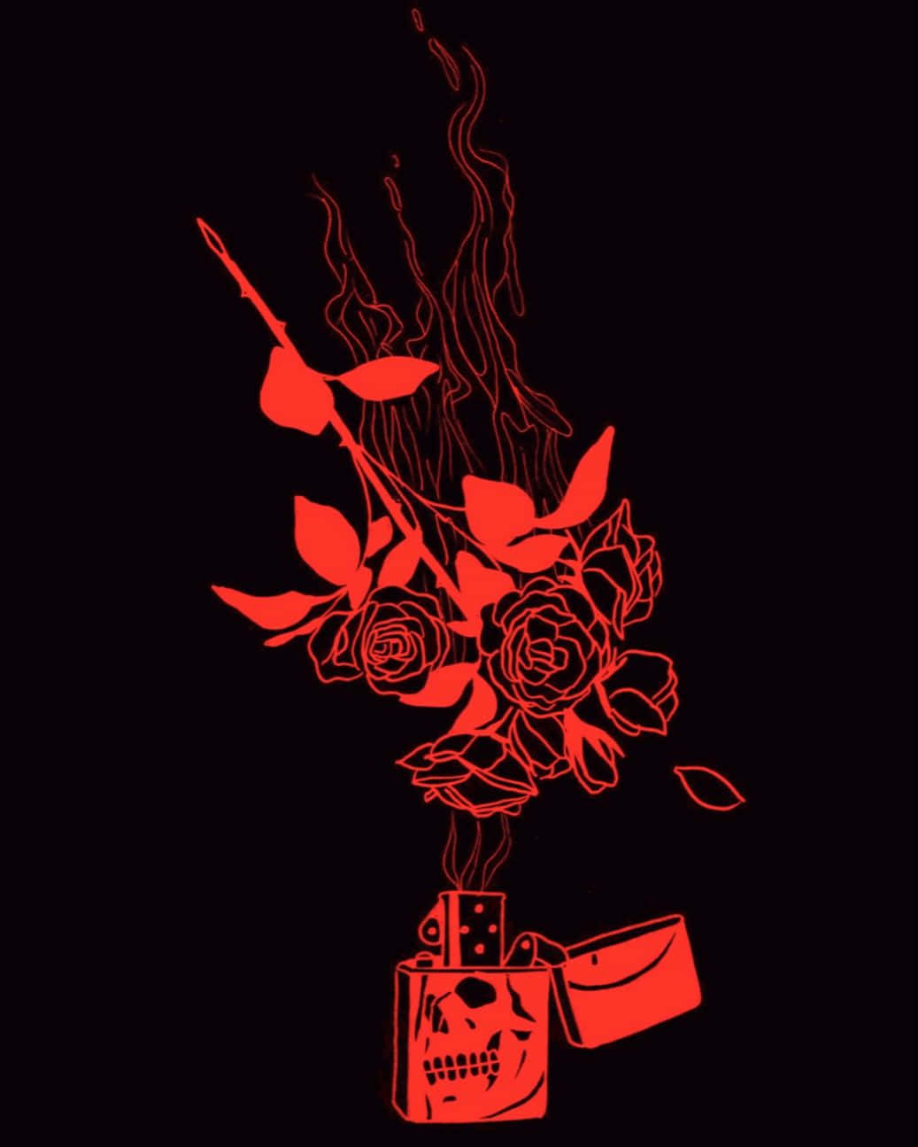 美學 桌布 壁紙 — 一個發光的紅色骷髏打火機在黑色背景上噴出煙霧，煙霧變成玫瑰。