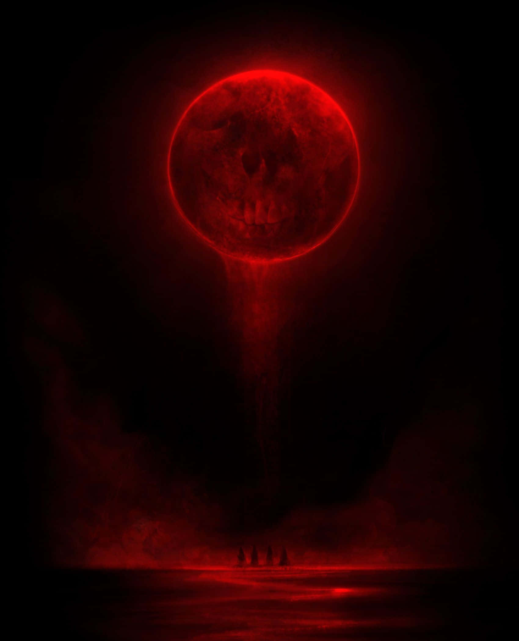 Dark Red Aesthetic 桌布 壁紙 — 一個發光的紅色骷髏月亮懸浮在黑暗的景觀之上，小小的身影在其詭異的光芒下敬畏地站立。