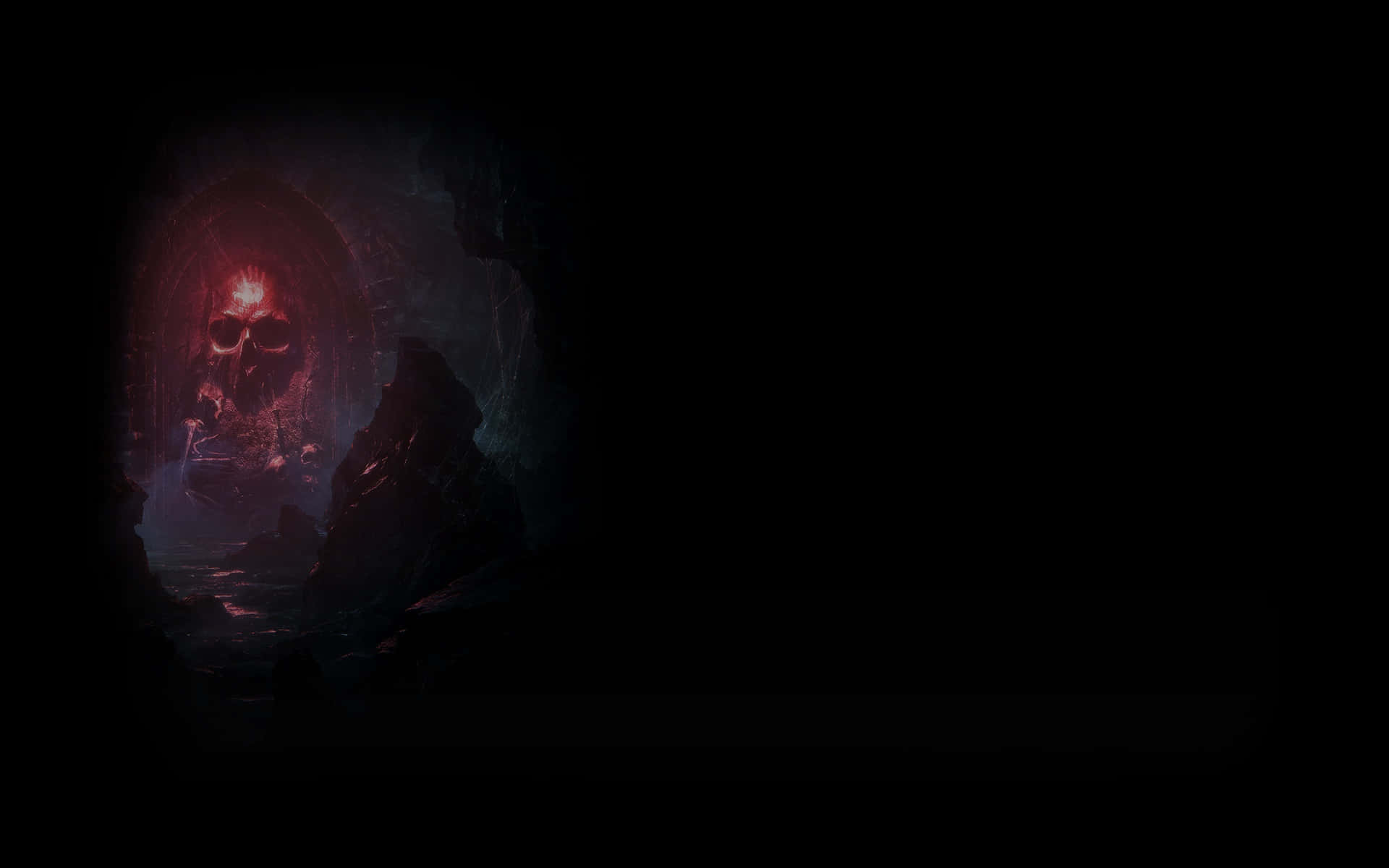 Dark Brotherhood 桌布 壁紙 — 一個發光的紅色骷髏潛伏在黑暗的洞穴入口，在濕漉漉的岩石上投射出詭異的光芒。