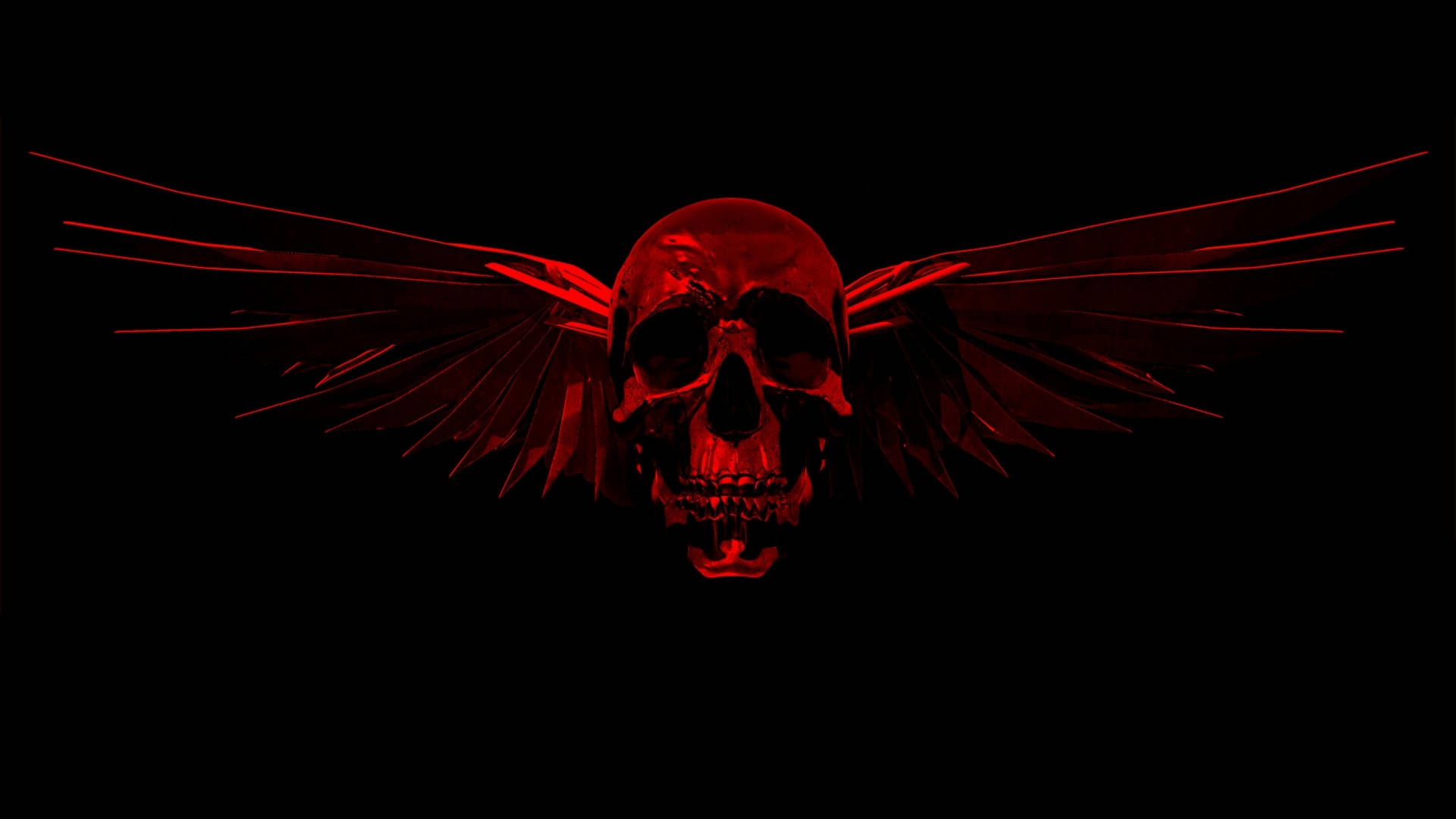 Cool Black 桌布 壁紙 — 一個發光的紅色骷髏頭，帶有尖銳的角狀翅膀，在漆黑虛空中散發光芒。