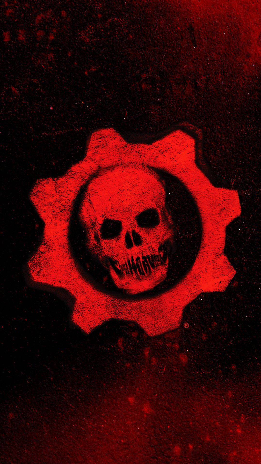 Gears 5 桌布 壁紙 — 一個發光的紅色骷髏頭嵌在齒輪中，背景為黑暗粗糙。