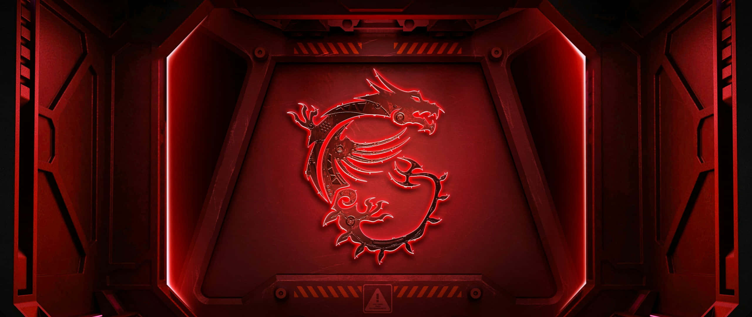 msi 2560x1080 桌布 壁紙 — 一個發光的紅色龍標誌嵌入在未來感的金屬面板中，帶有棱角照明和警告符號。