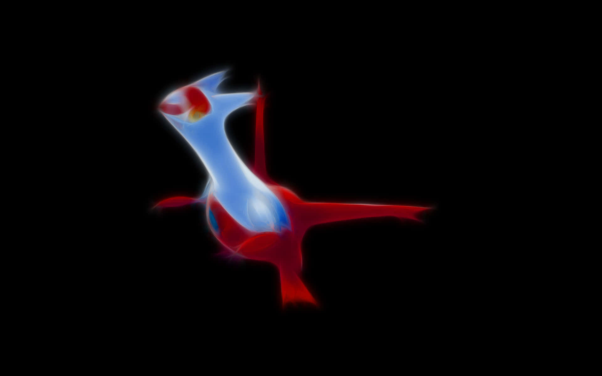 Pokemon Aesthetic 桌布 壁紙 — 一個發光的紅藍鳥狀生物，帶有明亮的核心，漂浮在純黑色背景上。