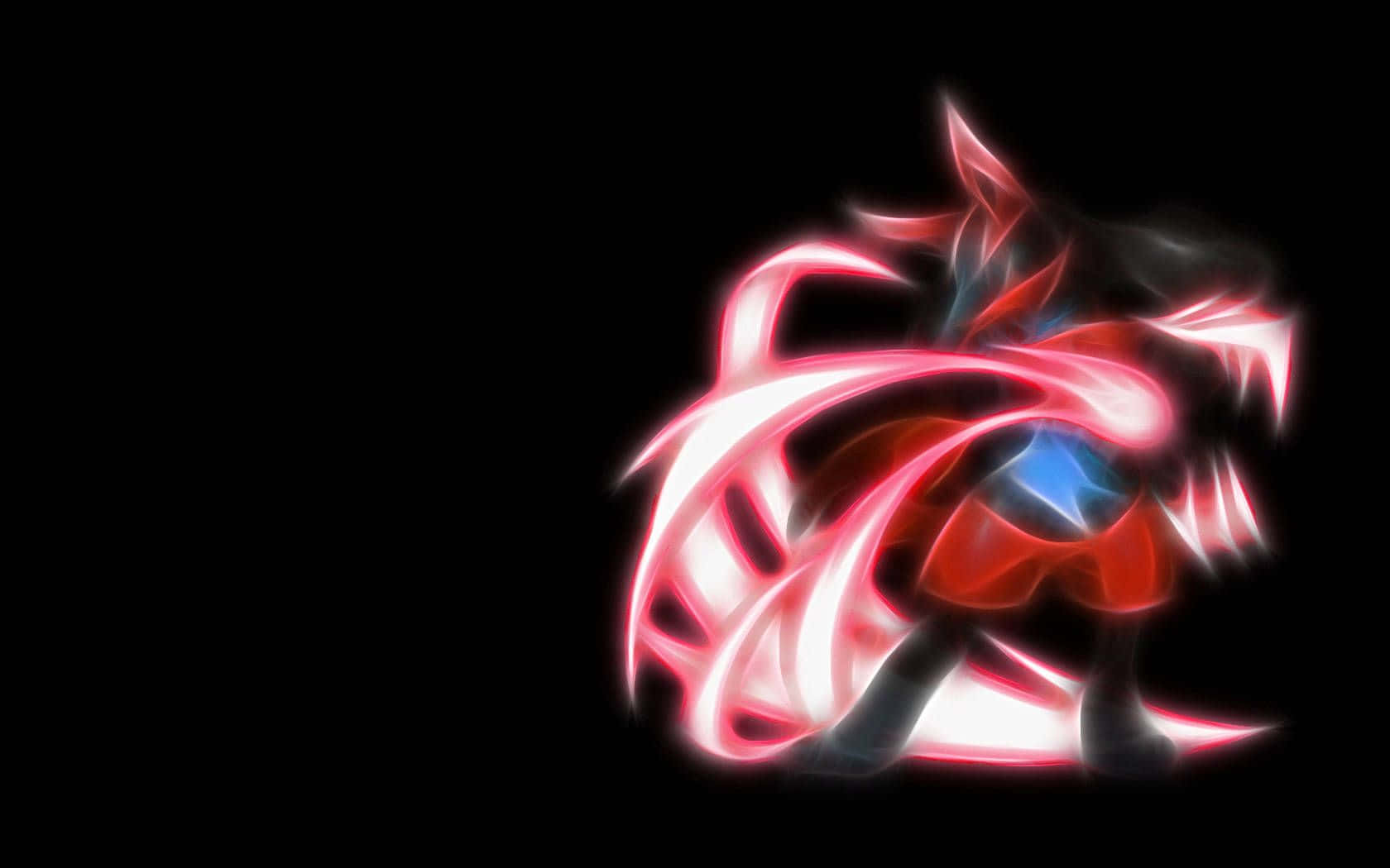 Pokemon Lucario 桌布 壁紙 — 一個發光的紅藍龍狀生物，帶有尖銳的霓虹輪廓，在黑色背景上爆發。