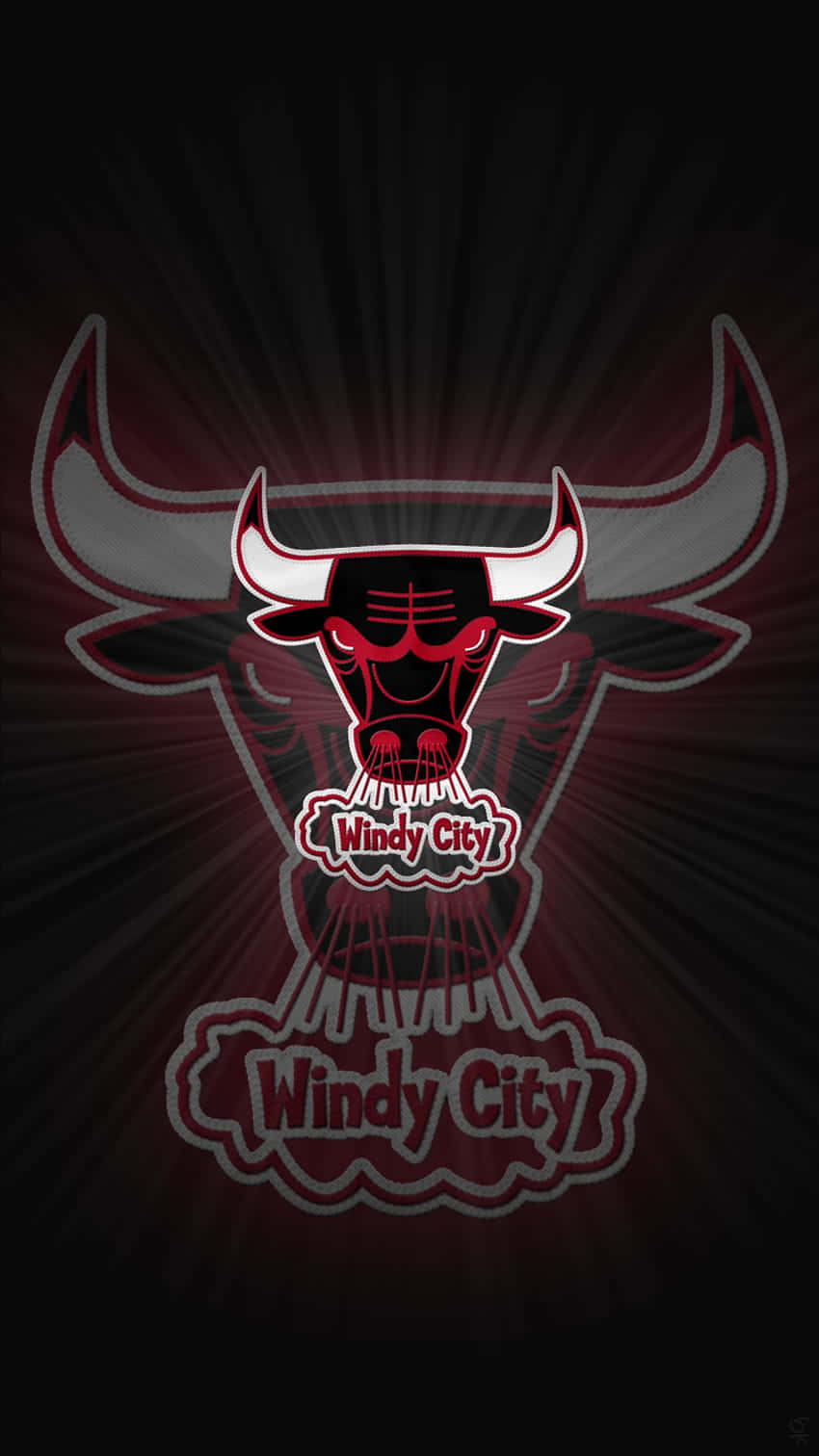 桌布 壁紙 — 一個發光的紅黑芝加哥公牛隊標誌，帶有 'Windy City' 文字，在黑暗背景上散發光芒，並有太陽光線。