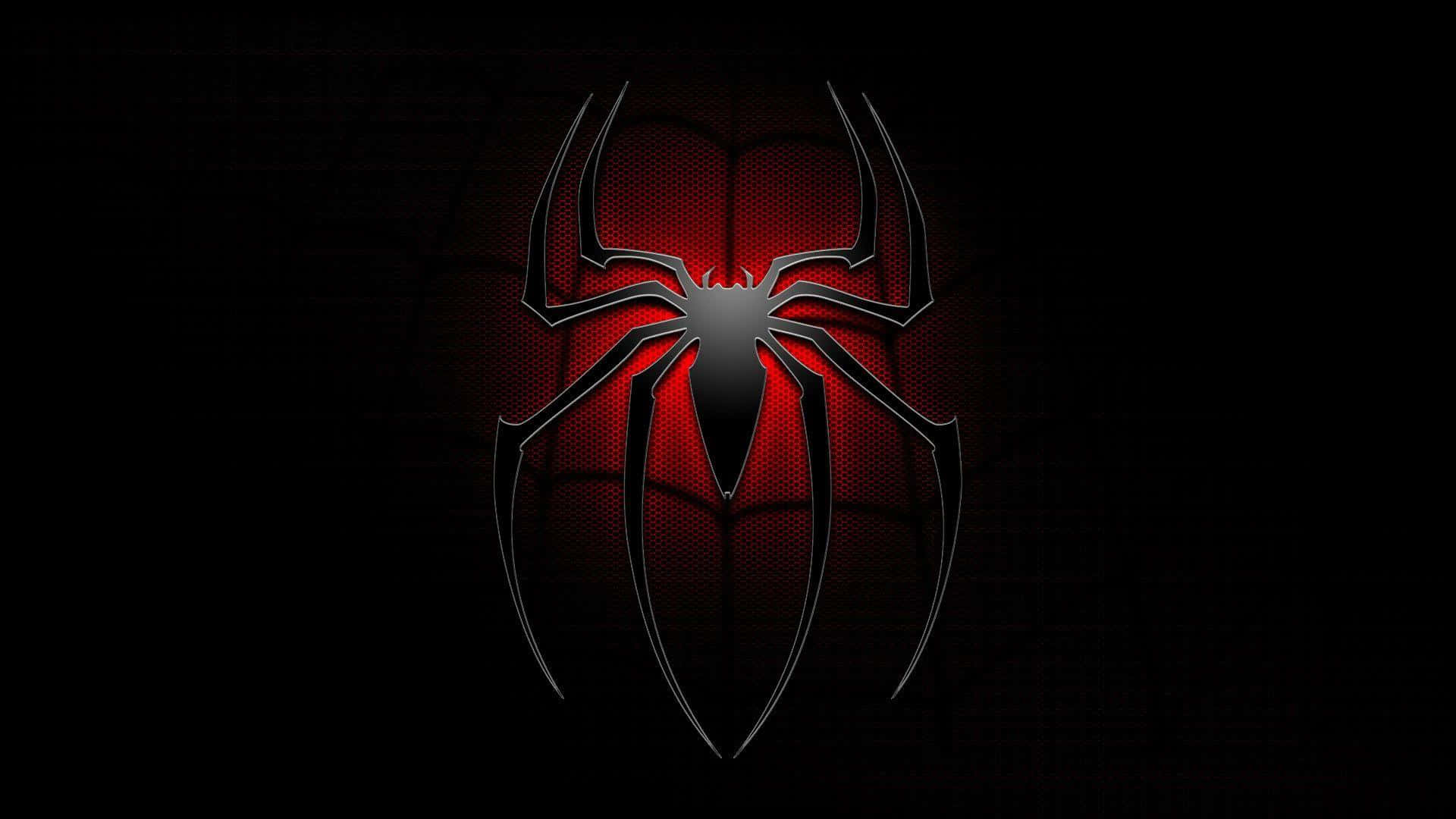 Spider Man Logo 桌布 壁紙 — 一個發光的紅黑蜘蛛標誌從帶有細微網格線的深色紋理背景中散發出來。