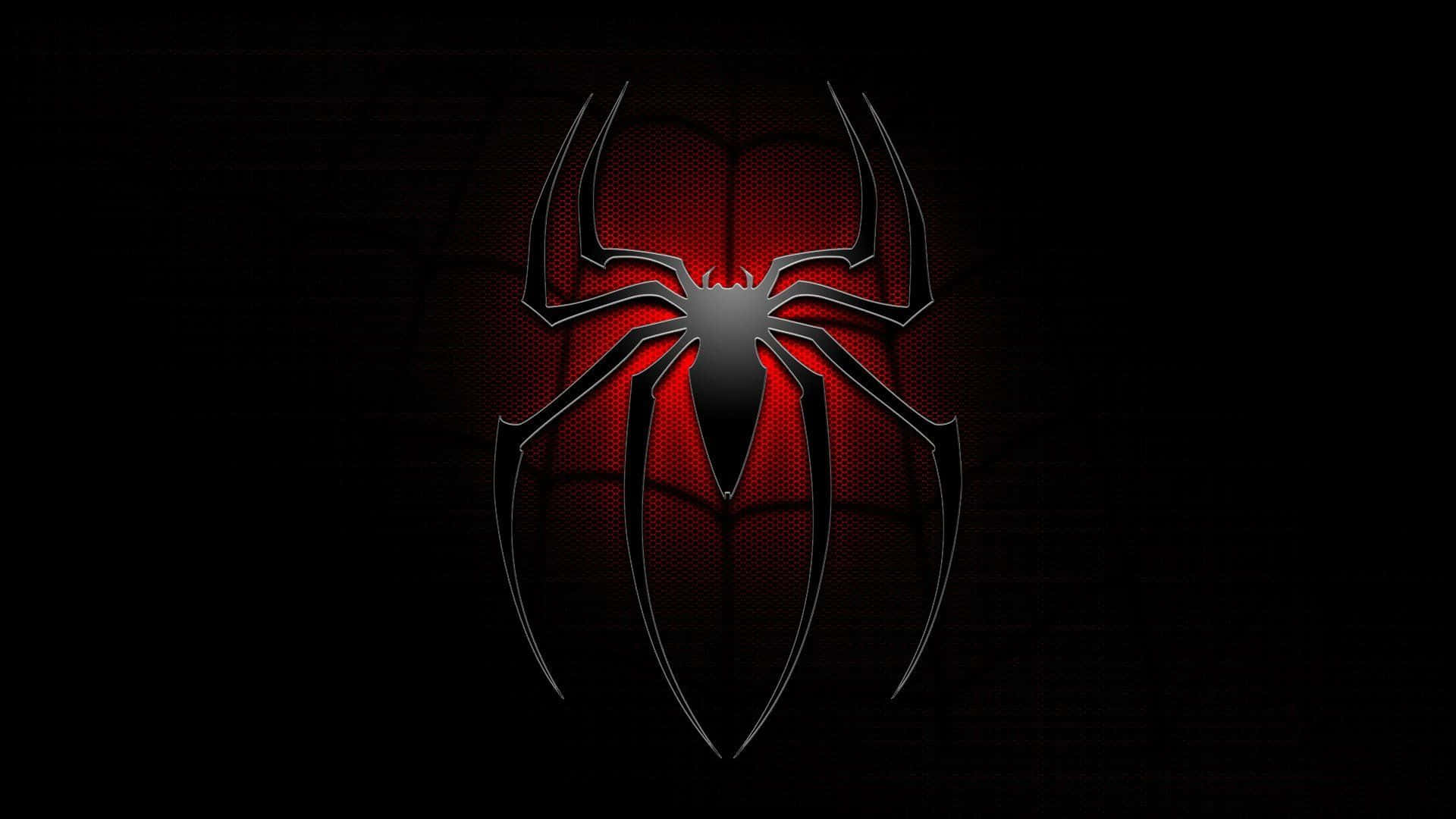 Best Spider Man 桌布 壁紙 — 一個發光的紅黑蜘蛛標誌從帶有細微網格線的深色紋理背景中放射出來。