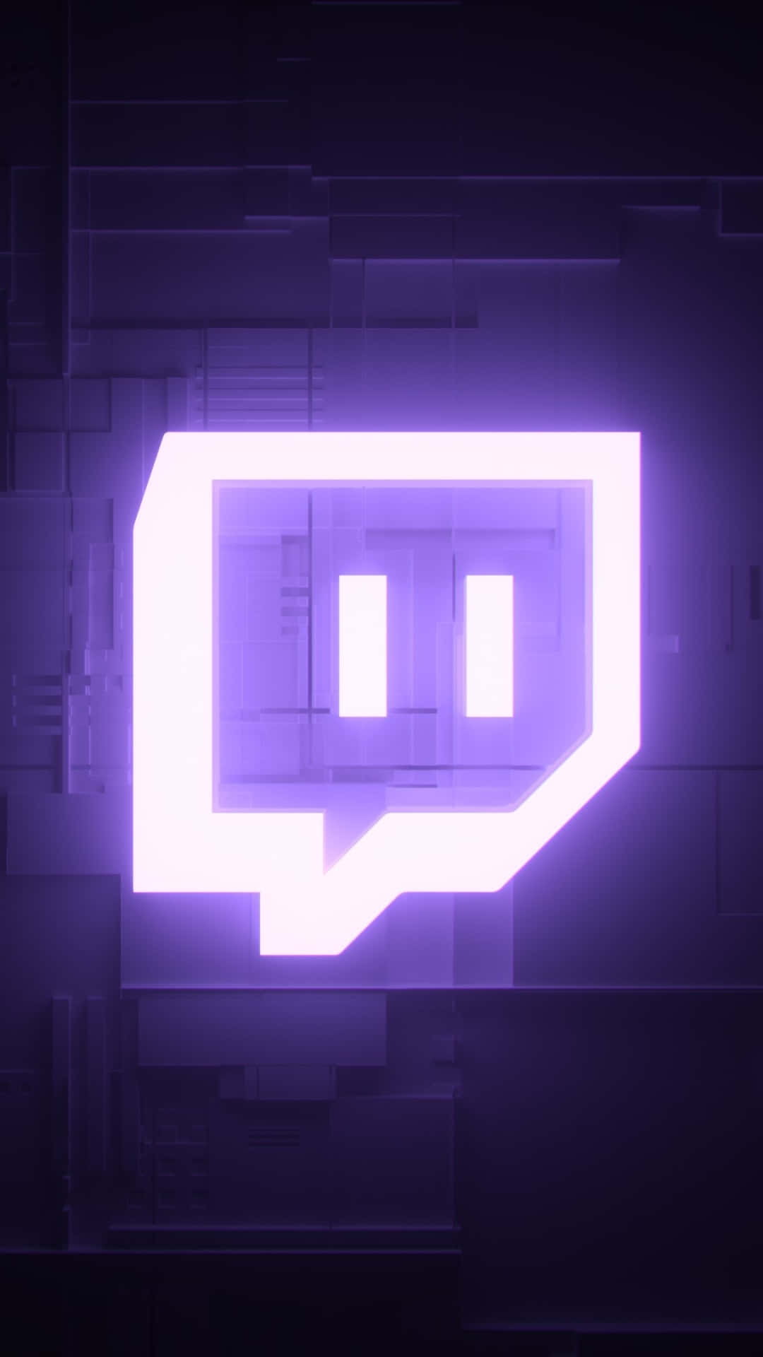 桌布 壁紙 — 一個發光的紫色 Twitch 標誌在黑暗的幾何數位背景上脈動。