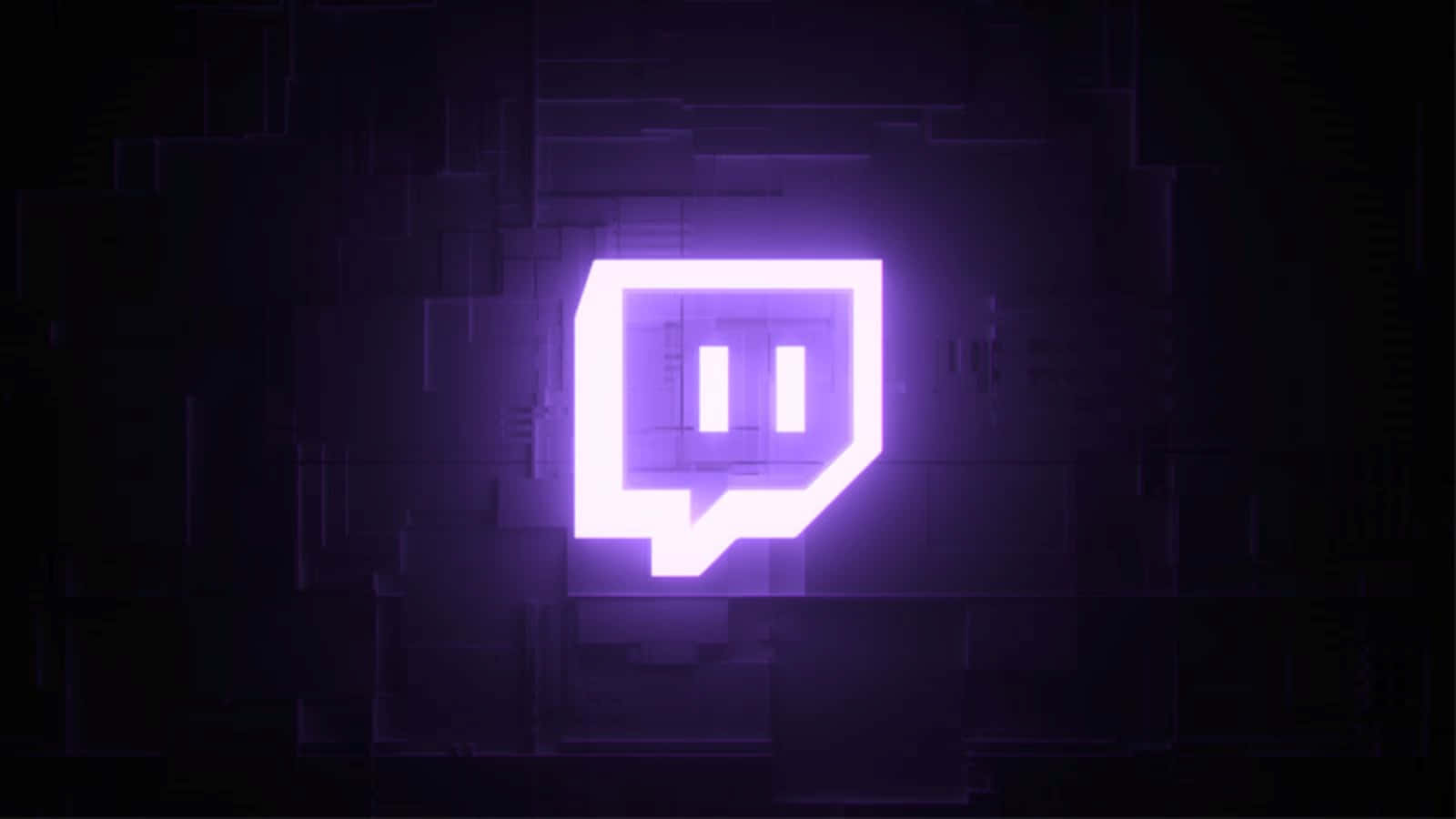 Twitch 桌布 壁紙 — 一個發光的紫色 Twitch 標誌在深色幾何數位背景上脈動。
