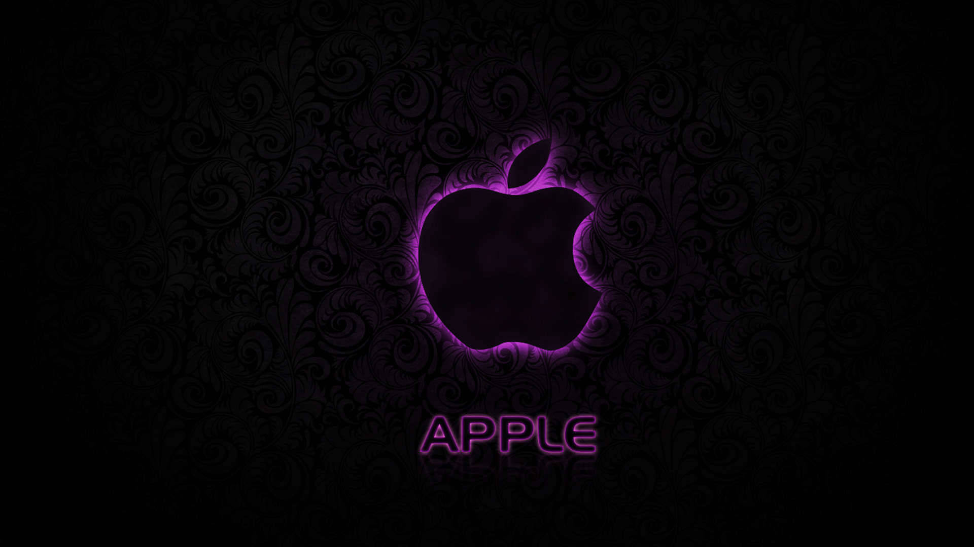 黑紫美學 桌布 壁紙 — 一個發光的紫色Apple標誌，帶有華麗的漩渦紋理，在深色背景上閃耀，下方有APPLE字樣。