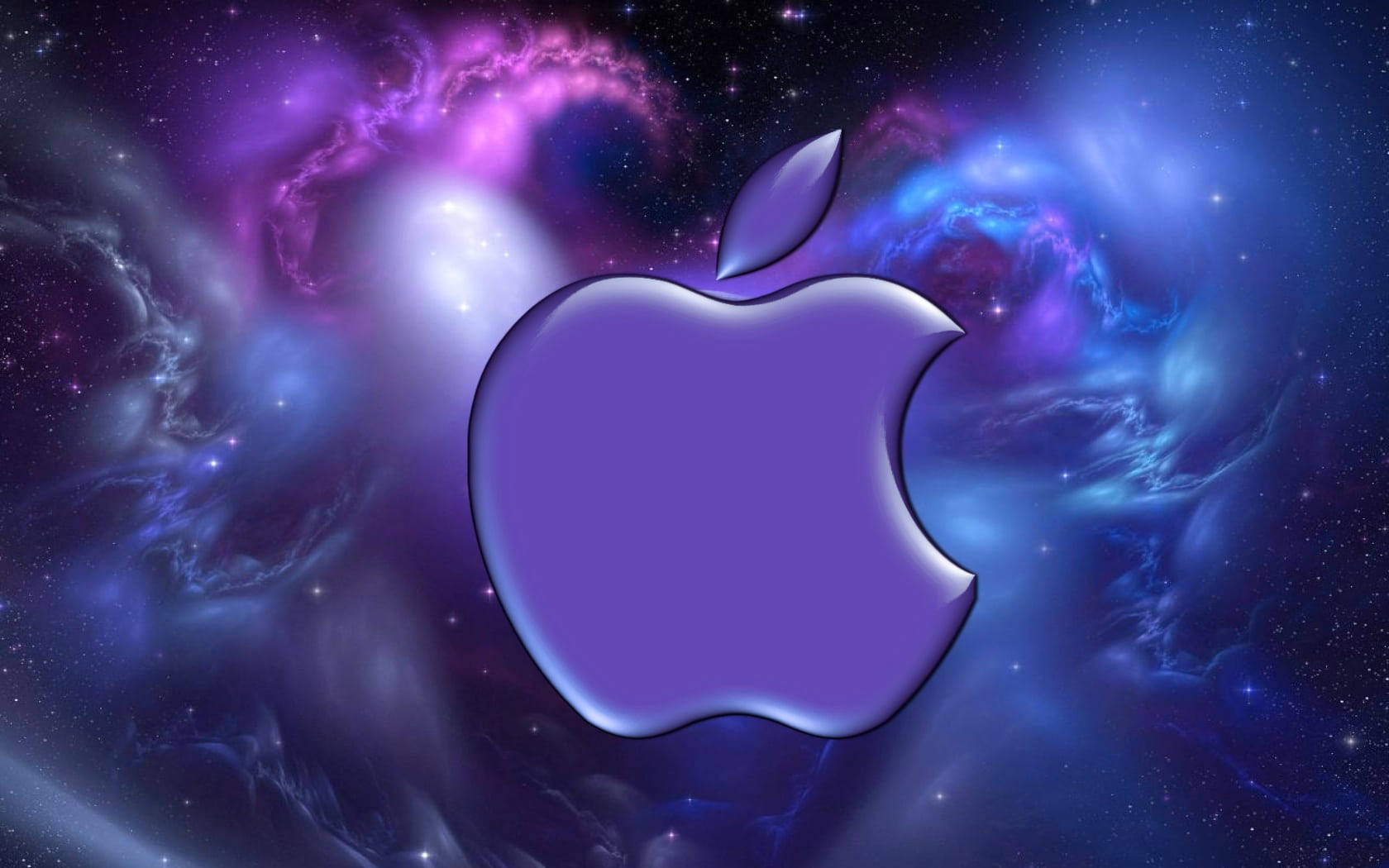 黑紫美學 桌布 壁紙 — 一個發光的紫色Apple標誌漂浮在充滿星星和旋轉藍色和粉色雲彩的鮮豔宇宙星雲前。