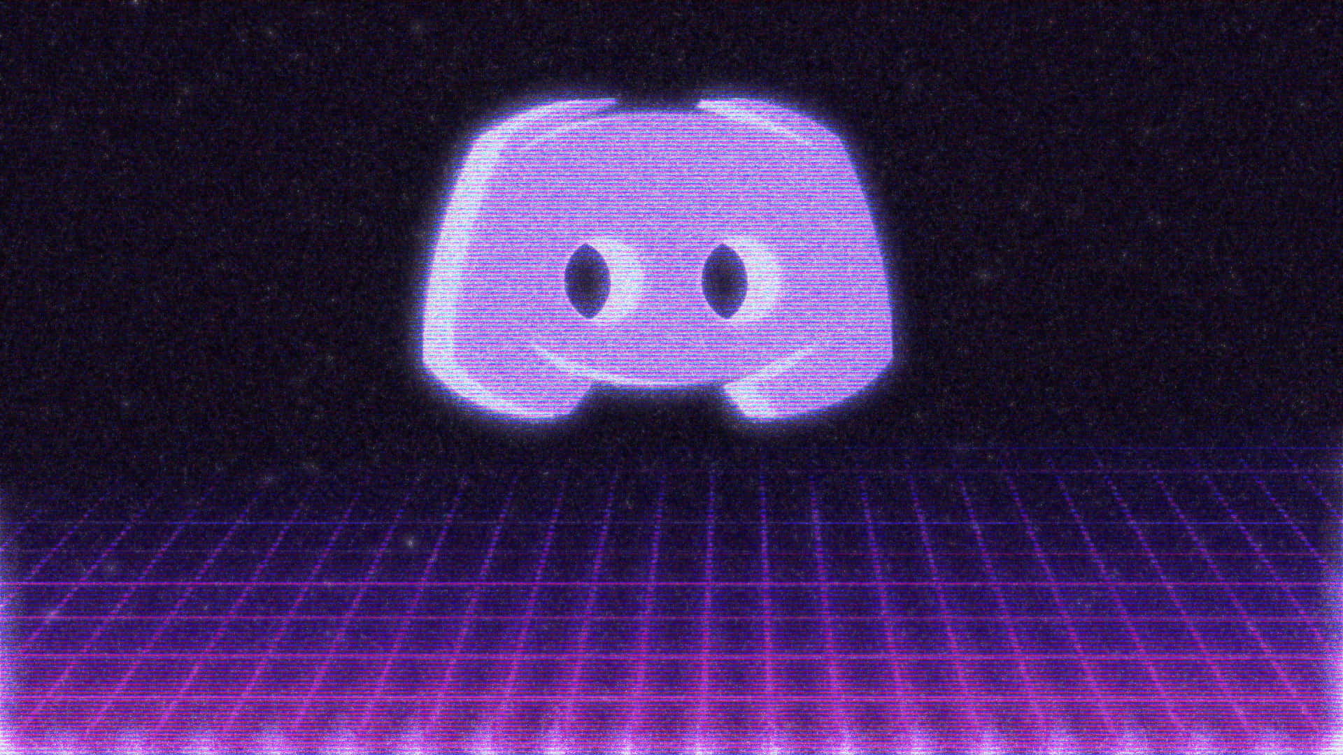 Discord 桌布 壁紙 — 一個發光的紫色Discord標誌漂浮在像素網格上方，處於黑暗的復古未來場景中。