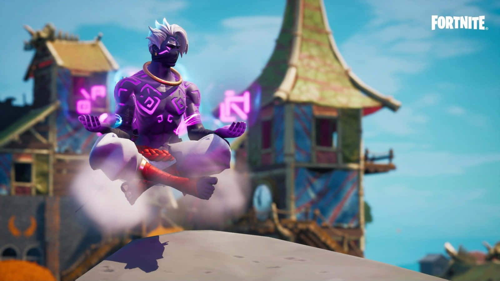 Fortnite 桌布 壁紙 — 一個發光的紫色Fortnite角色在岩石露頭上方的半空中冥想，背景有色彩繽紛的寺廟式建築。