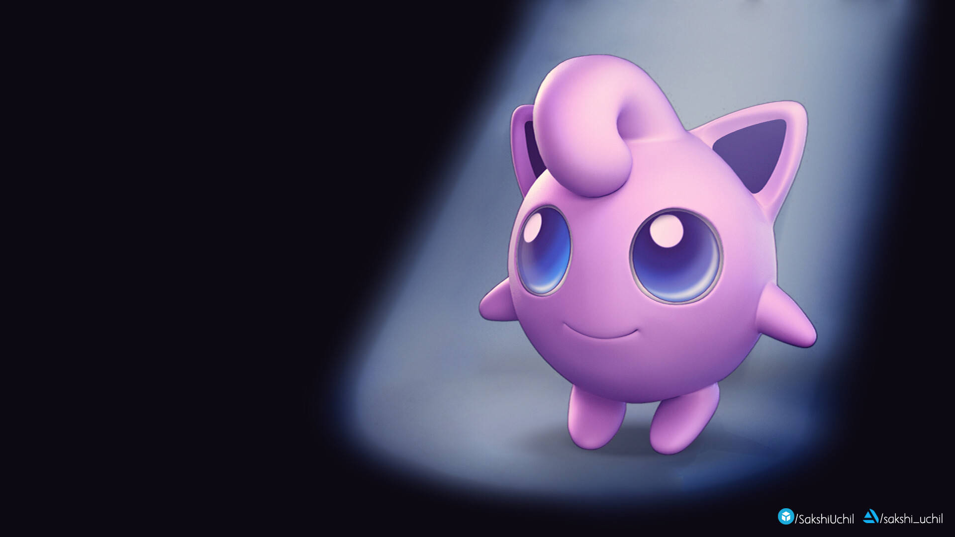 Jigglypuff 桌布 壁紙 — 一個發光的紫色Jigglypuff獨自站在聚光燈下，背景是深色，帶有柔和的藍色環境光。