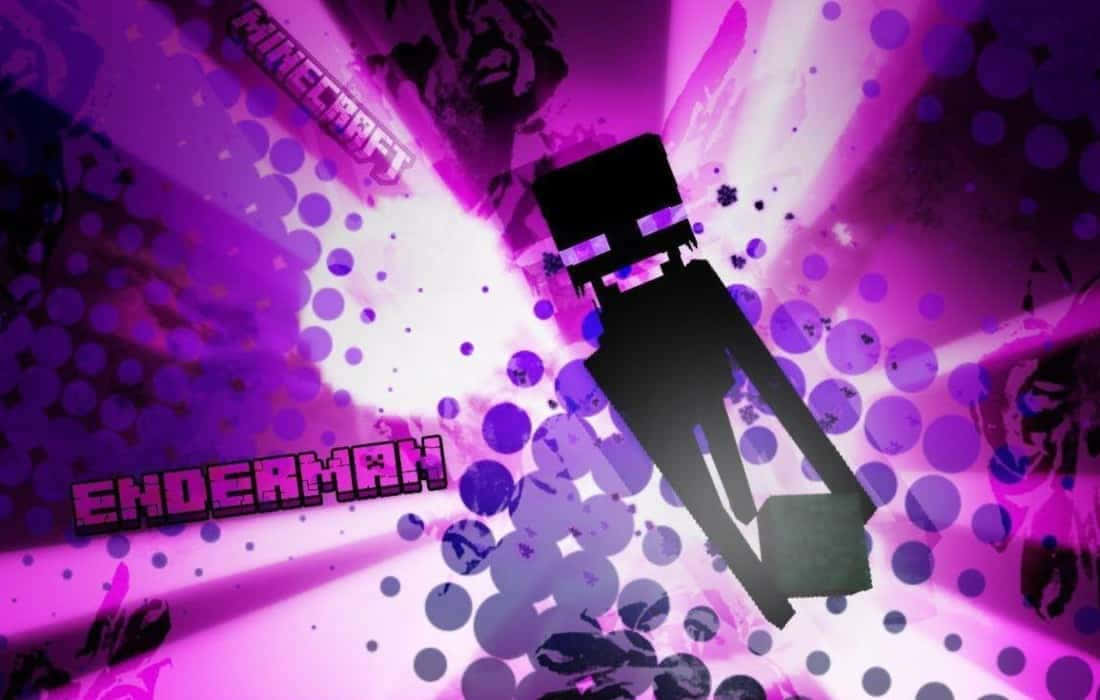 Ender Dragon 桌布 壁紙 — 一個發光的紫色Minecraft終界使者剪影，站在充滿輻射光線和圓形圖案的鮮豔抽象背景前。