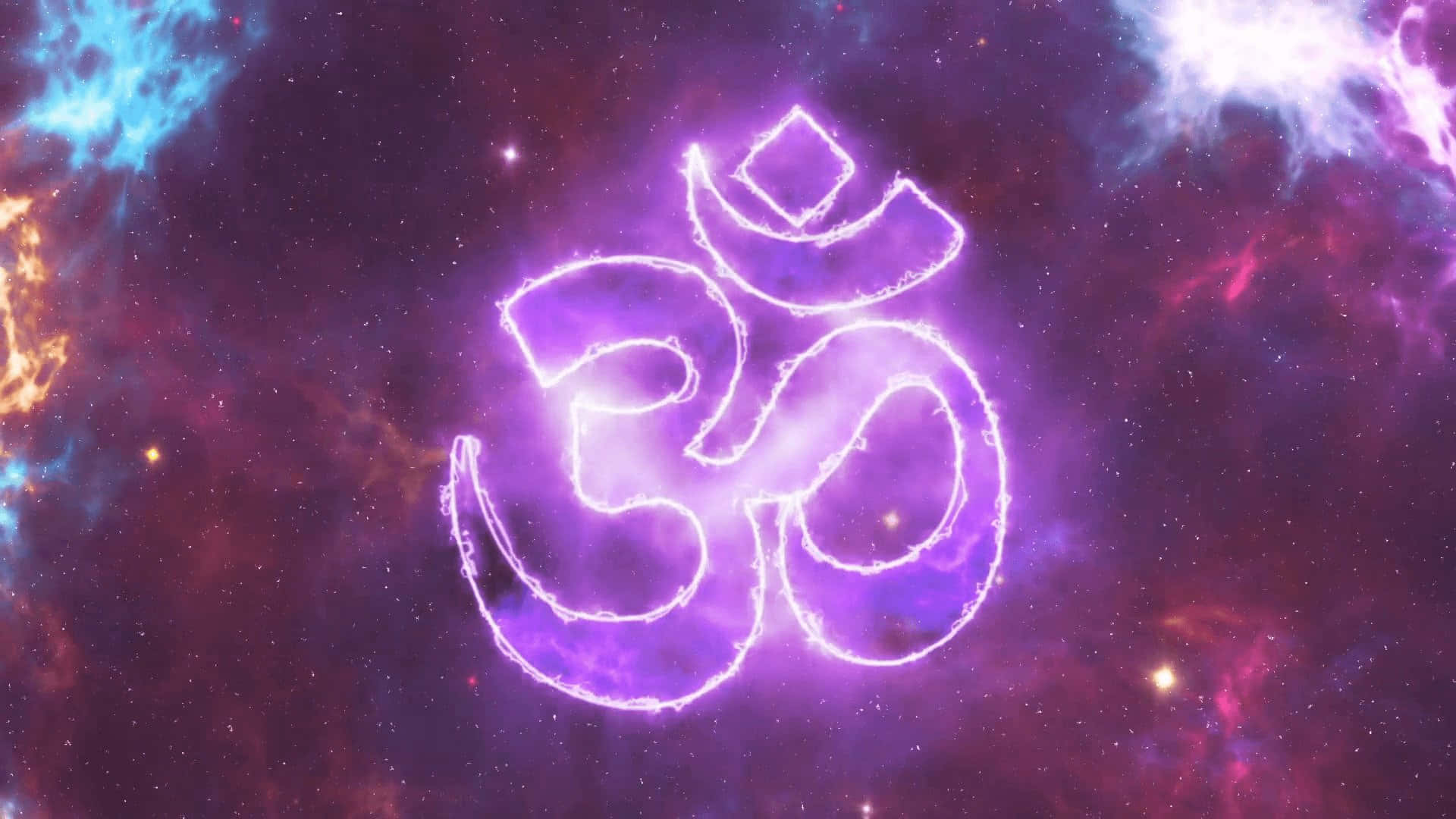 Symbolism 桌布 壁紙 — 一個發光的紫色Om符號漂浮在充滿活力的宇宙星雲中，周圍有旋轉的藍色、粉紅色和星星。