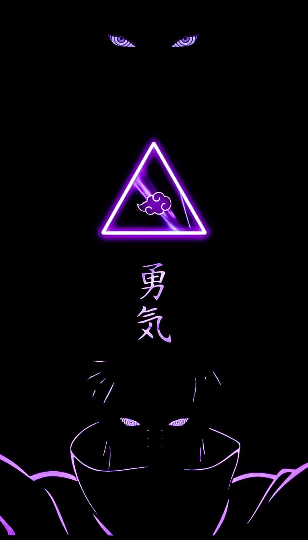 Akatsuki Poster 桌布 壁紙 — 一個發光的紫色三角形，帶有雲朵符號和代表勇氣的漢字，懸浮在一個戴面具的人物剪影上方，背景為黑色。