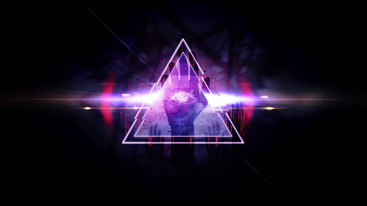 illuminati 桌布 壁紙 — 一個發光的紫色三角形框住一個發光的眼睛，背景為黑暗，帶有霓虹光條。