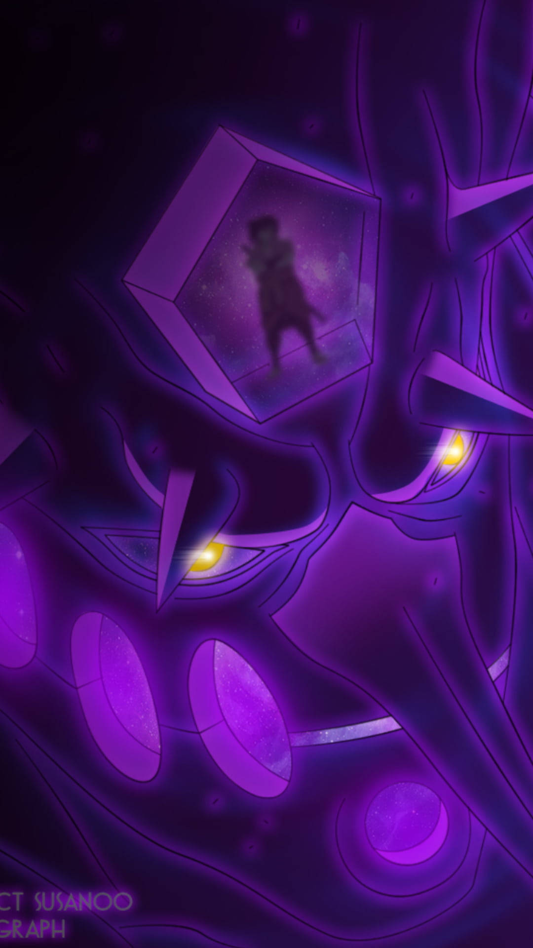 Sasuke Susanoo 桌布 壁紙 — 一個發光的紫色動漫怪物，黃色眼睛，注視著一個被困在漂浮立方體中的小人，背景是宇宙。