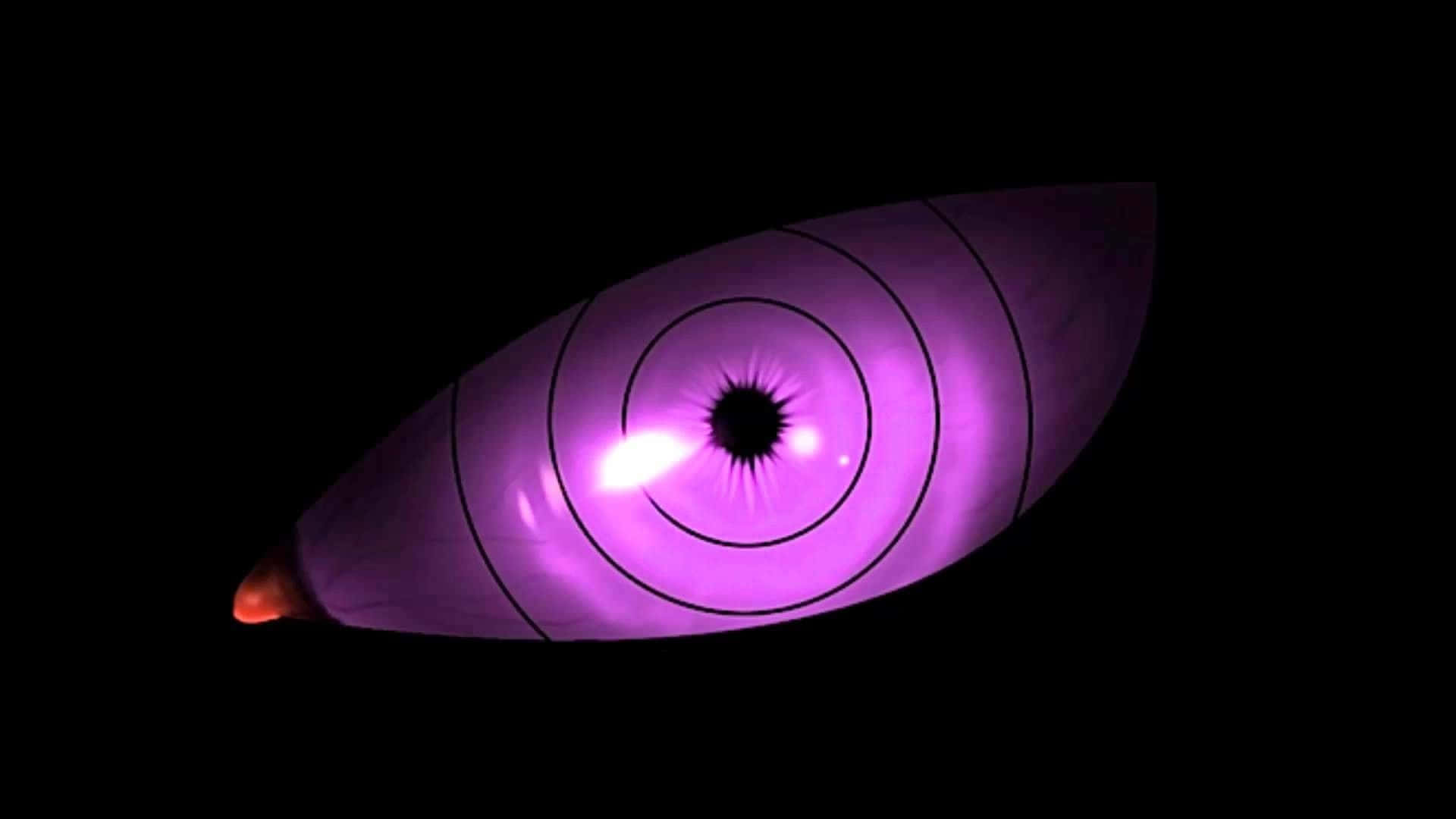 Rinnegan 桌布 壁紙 — 一個發光的紫色動漫眼睛，帶有同心圓環和星形瞳孔，背景為黑色。