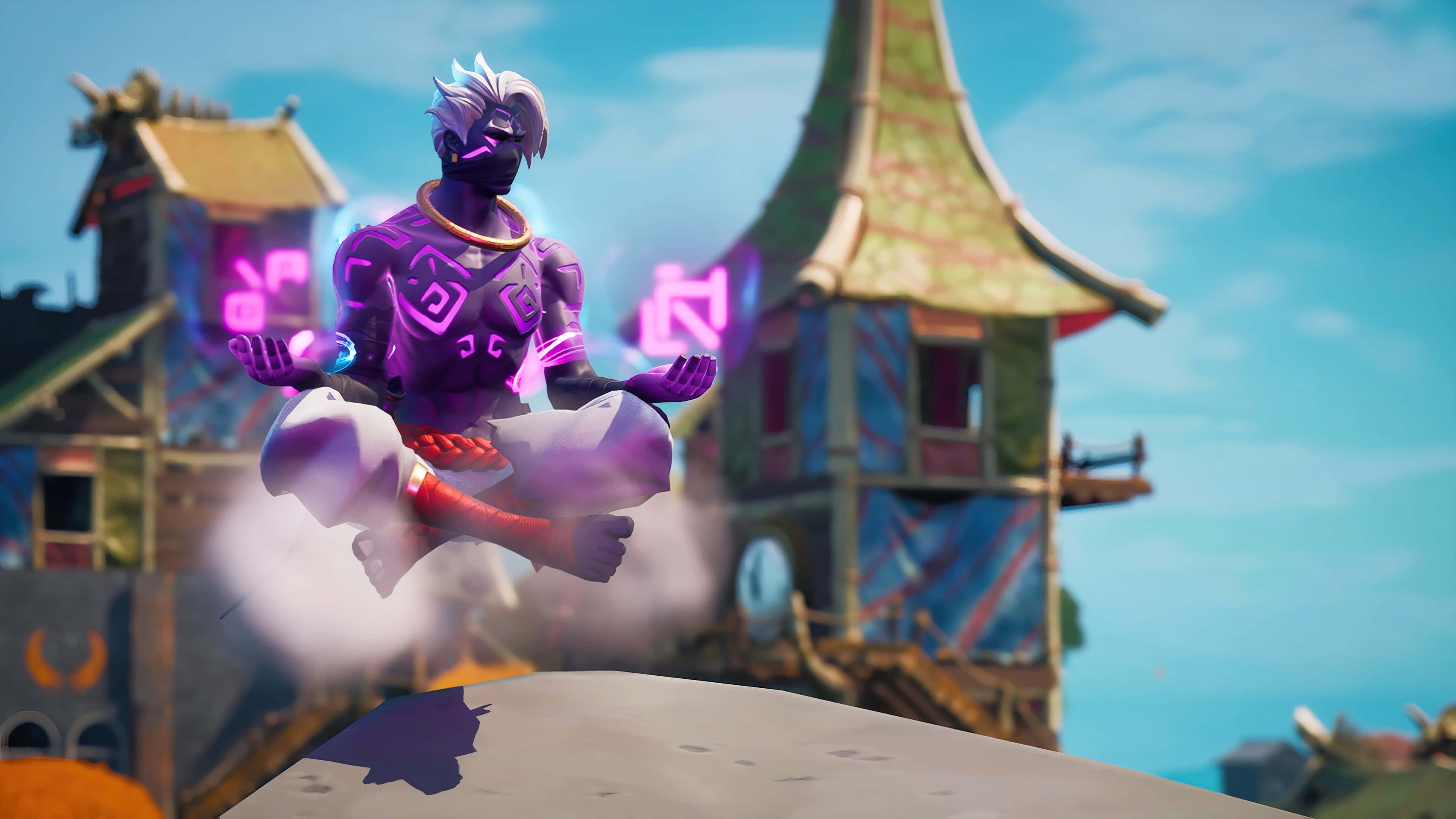 Fortnite 桌布 壁紙 — 一個發光的紫色動漫角色在浮石上方半空中冥想，背景有色彩繽紛的奇幻建築。