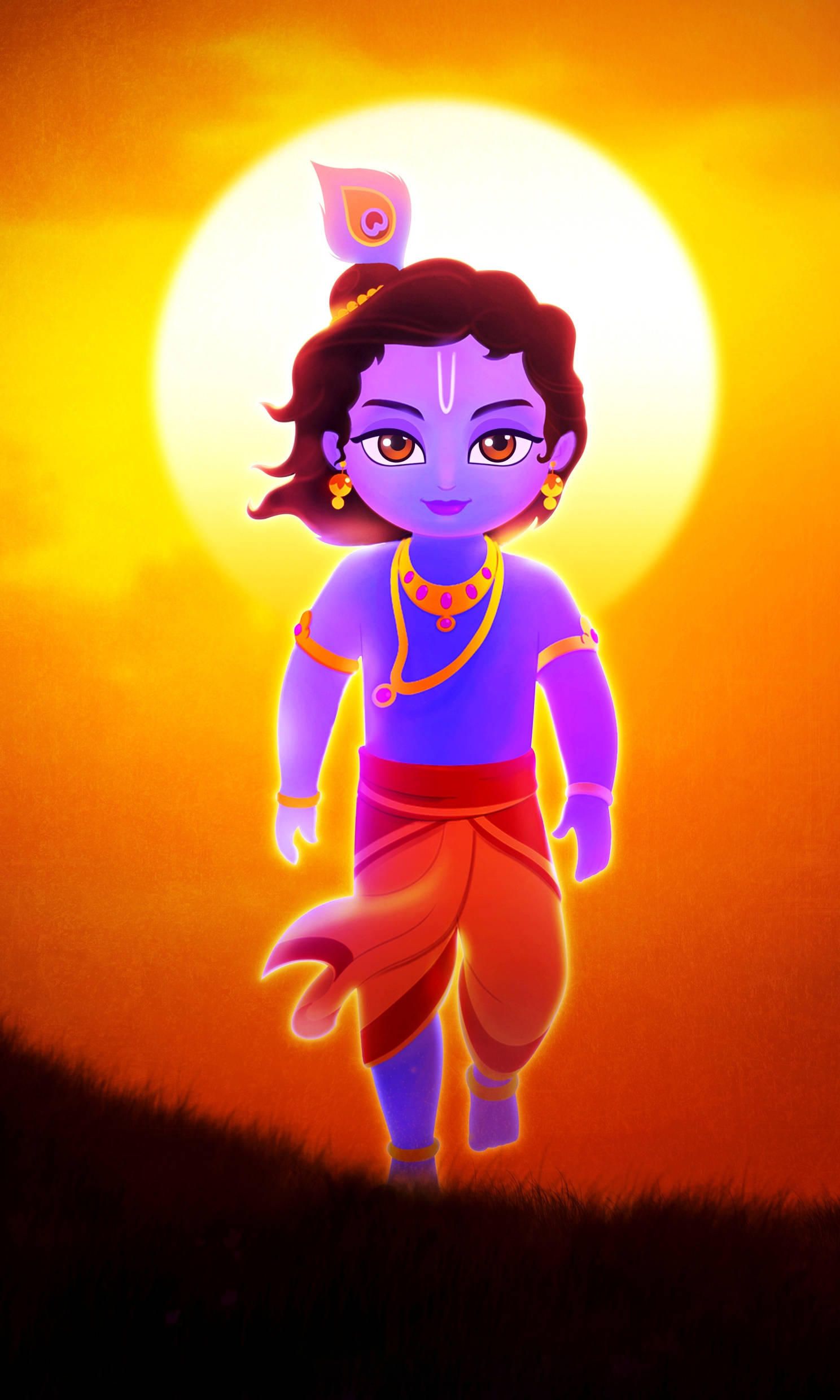 krishna iPhone 桌布 壁紙 — 一個發光的紫色動畫小孩戴著孔雀羽毛皇冠，站在一個長滿草的山丘上，面前是光芒四射的橙色太陽。