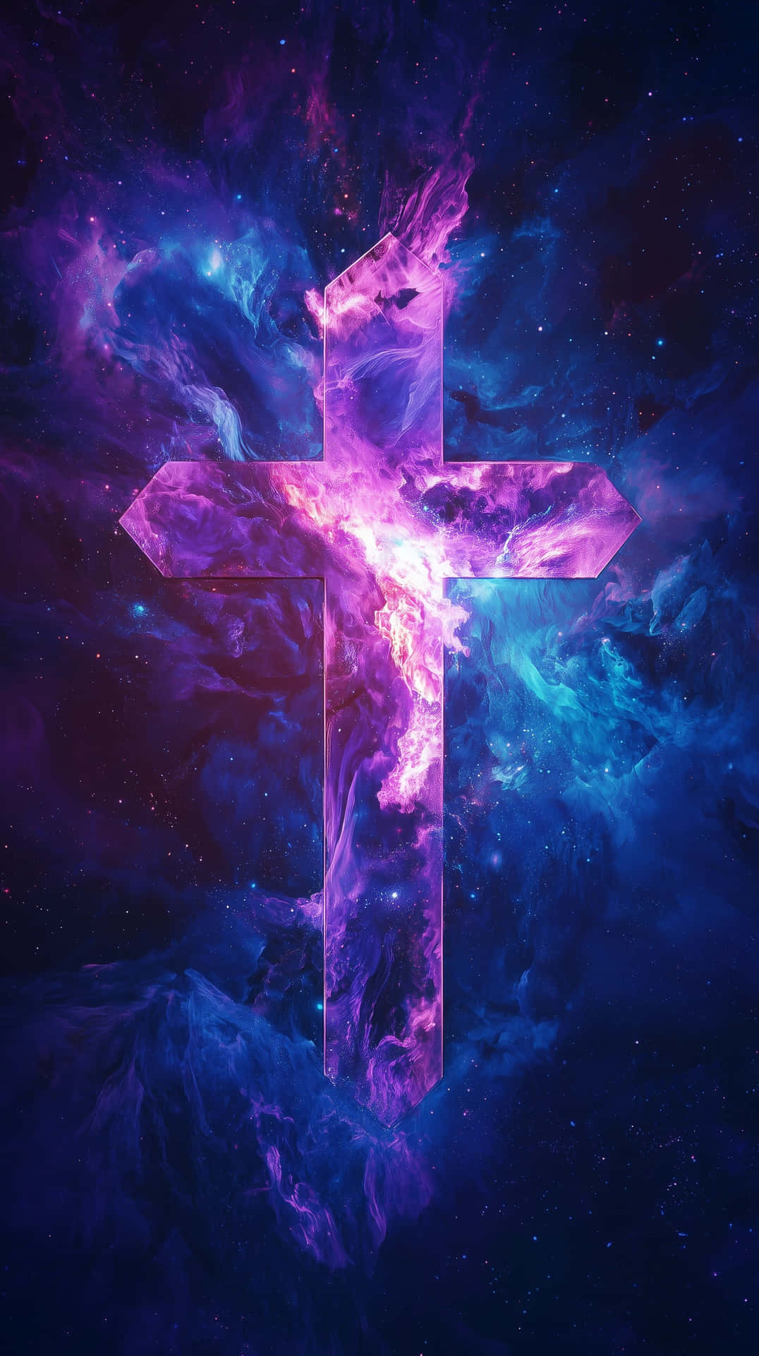 Glowing cosmic cross with vibrant nebula energy in deep space 壁紙 — 一個發光的紫色十字架從旋轉的宇宙星雲中浮現，背景是繁星點點的深藍色星系。