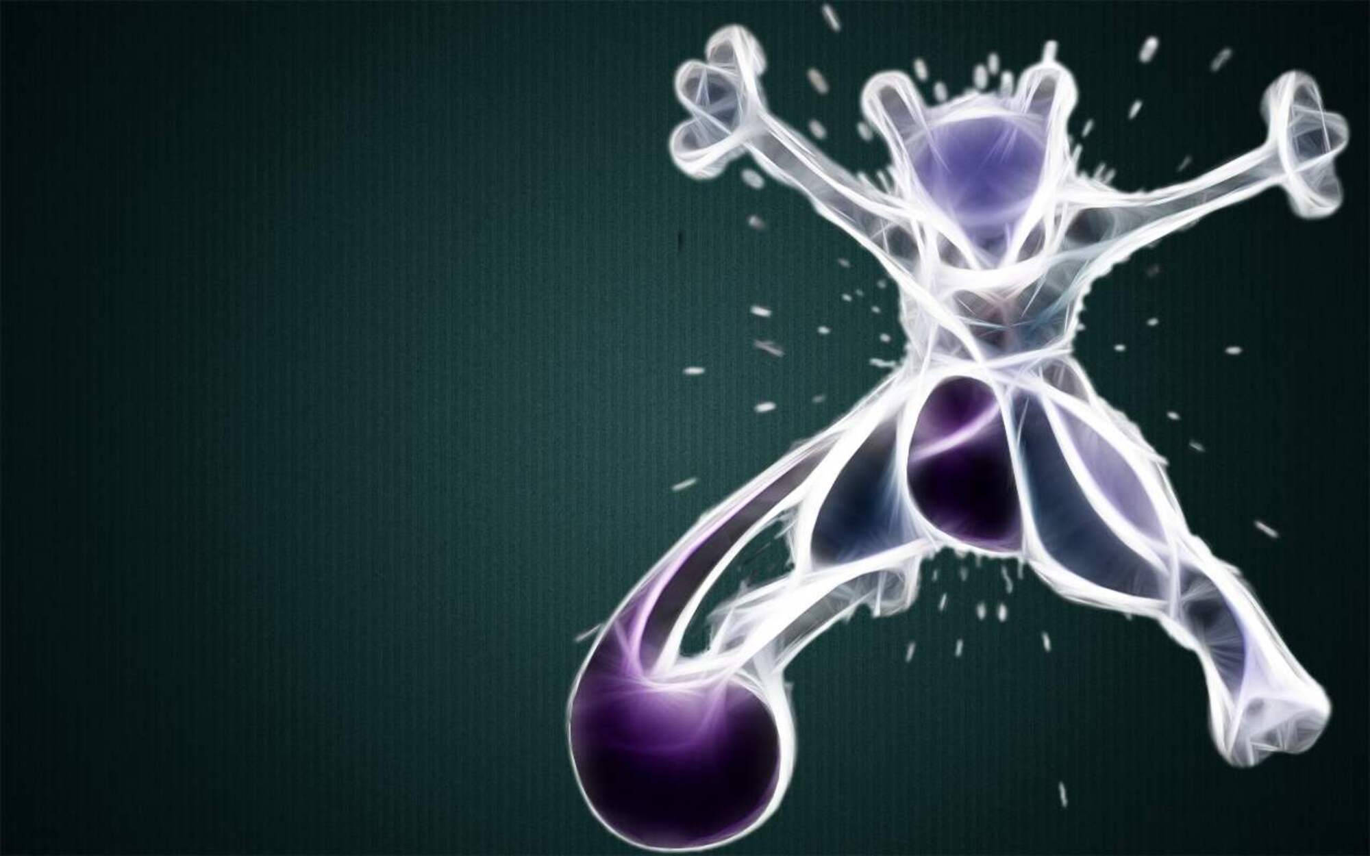 超夢 桌布 壁紙 — 一個發光的紫色和白色超夢模型在深藍綠色背景上爆發能量。