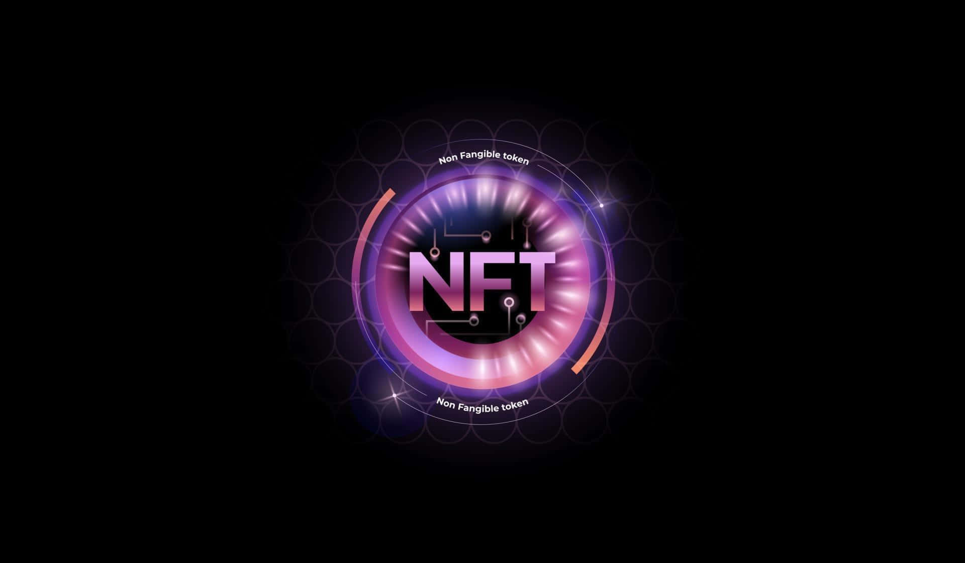 NFT 桌布 壁紙 — 一個發光的紫色和粉紅色NFT標誌在帶有電路圖案的深色背景上散發能量。