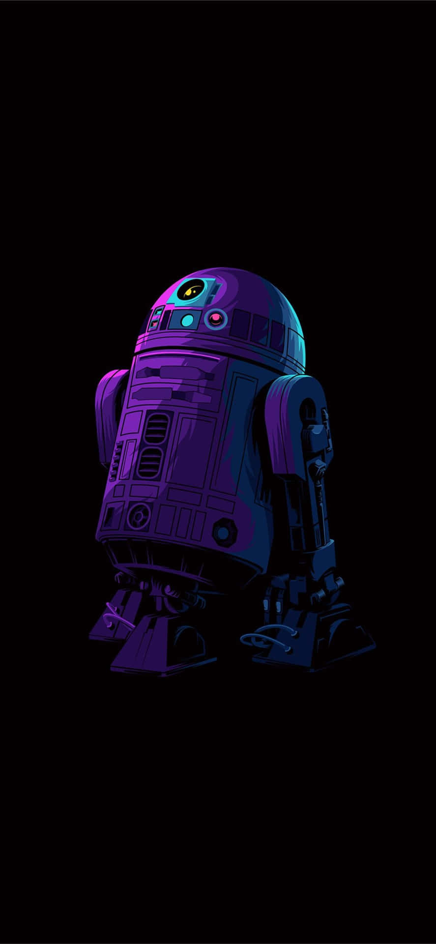 iPhone 11 Pro 桌布 壁紙 — 一個發光的紫色和藍色R2-D2機器人獨自站在漆黑的背景上，帶有霓虹燈亮點。