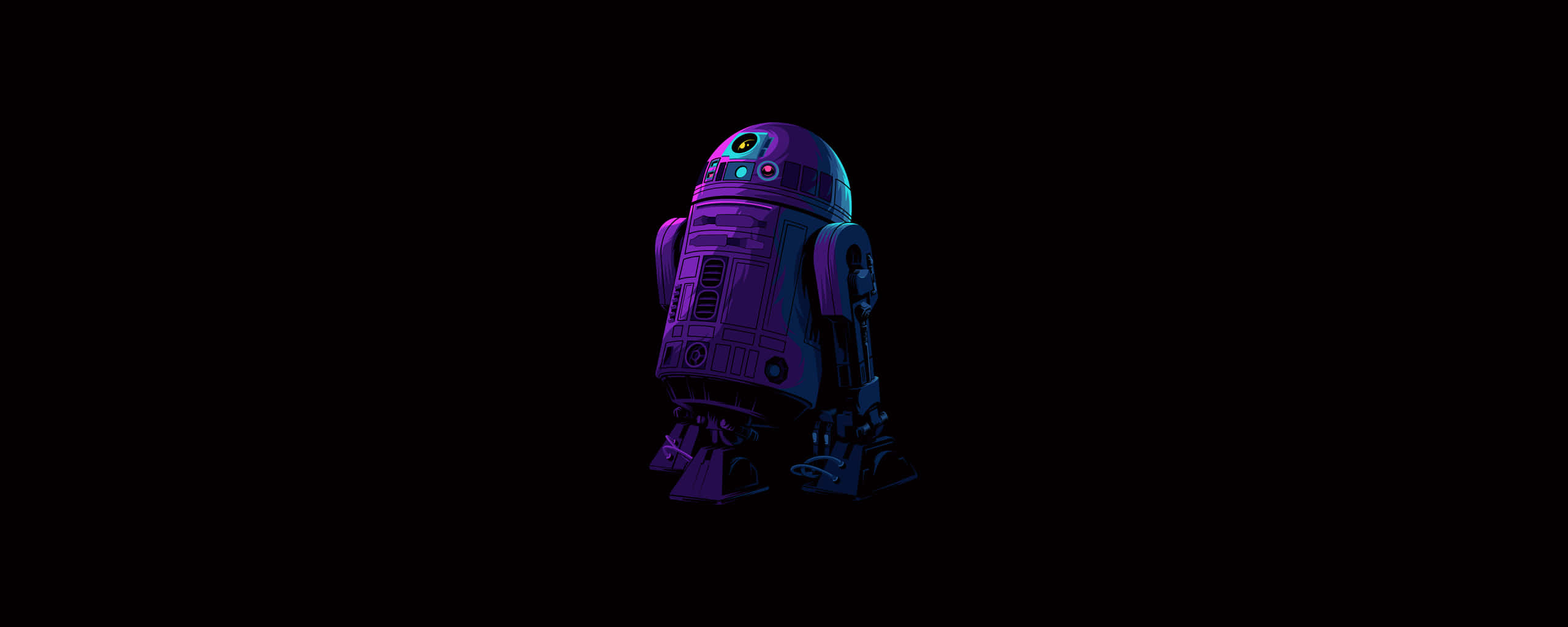 r2d2 桌布 壁紙 — 一個發光的紫色和藍色機器人獨自站在漆黑的背景上，帶有霓虹燈光。