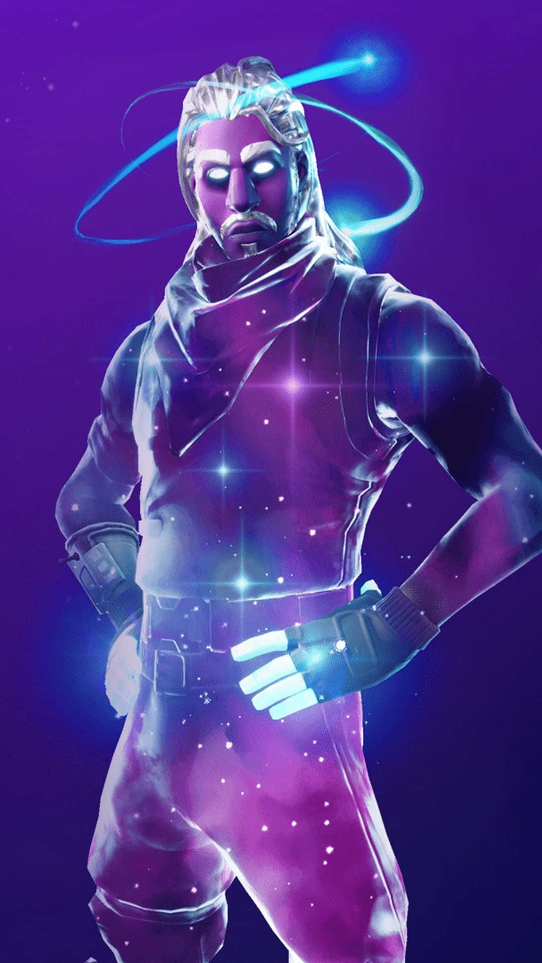 Fortnite iPhone 桌布 壁紙 — 一個發光的紫色和藍色裝甲人物，發光的眼睛和宇宙能量在他們周圍旋轉，背景是星空紫色。