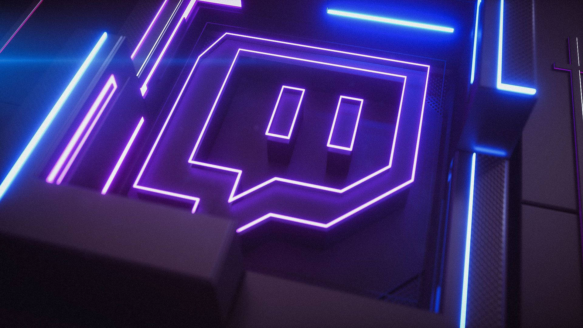Twitch 桌布 壁紙 — 一個發光的紫色和藍色霓虹Twitch標誌，嵌入在黑暗的未來風格牆壁中，帶有銳利的幾何照明點綴。