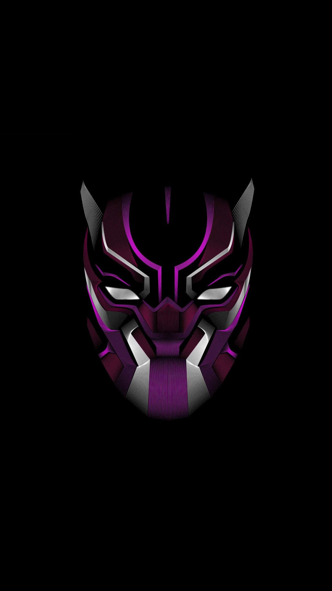 Black Panther Hero 桌布 壁紙 — 一個發光的紫色和銀色黑豹面具，居中在純黑背景上。