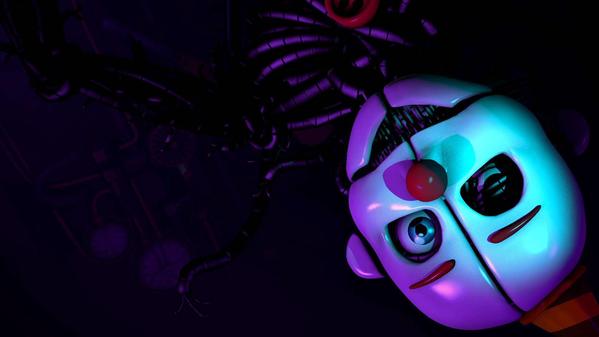Ennard 桌布 壁紙 — 一個發光的紫色和青色機械動畫頭部，有一隻眼睛和額頭上的紅色櫻桃，在黑暗的機械環境中。