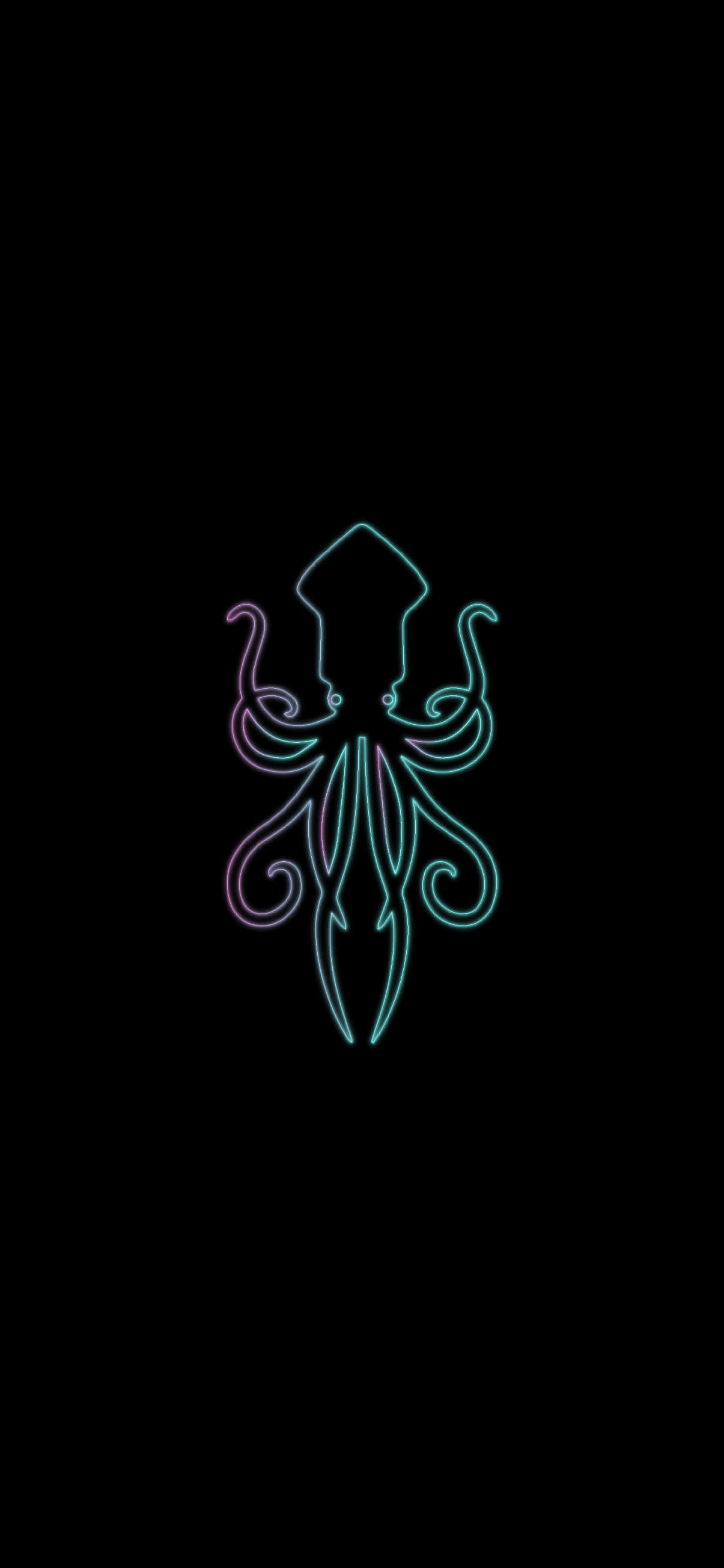 Squid Game 桌布 壁紙 — 一個發光的紫色和青色霓虹魷魚輪廓在漆黑的背景上脈動。