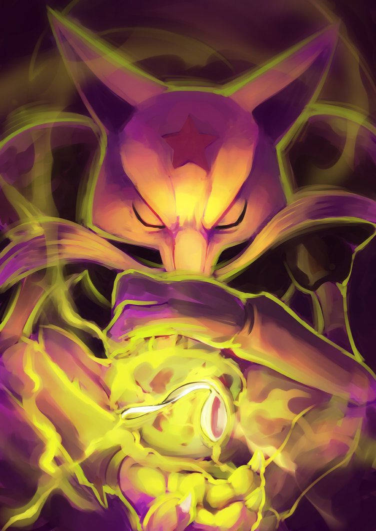 寶可夢 桌布 壁紙 — 一個發光的紫色和黃色狐狸狀生物，額頭上有星星，以動態數位藝術風格拿著一個光芒四射的球體。
