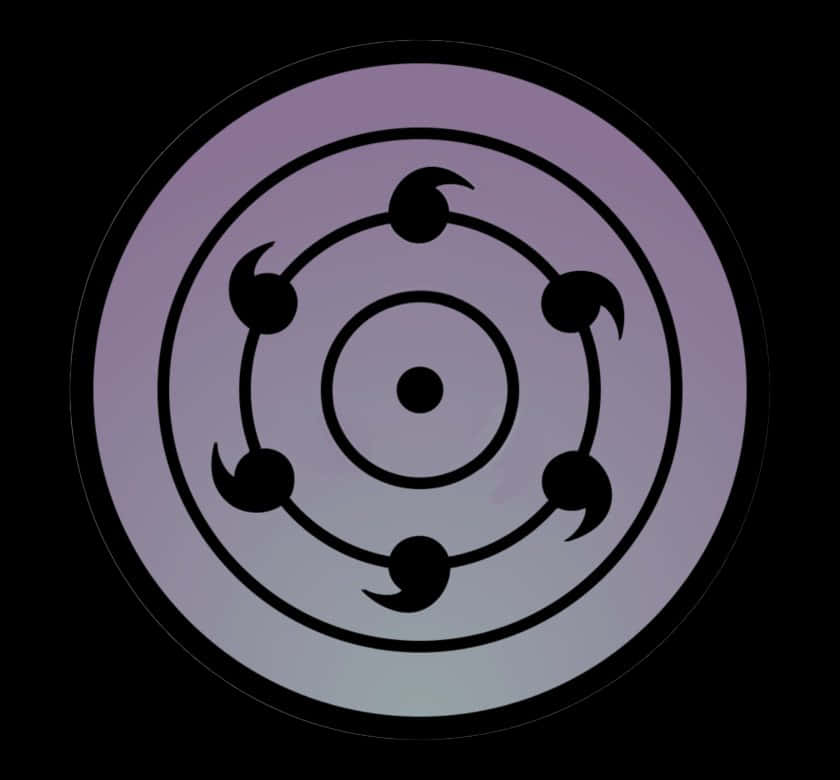Rinnegan 桌布 壁紙 — 一個發光的紫色和黑色同心圓標誌，從中心點向外輻射六條彎曲標記，背景為深色。