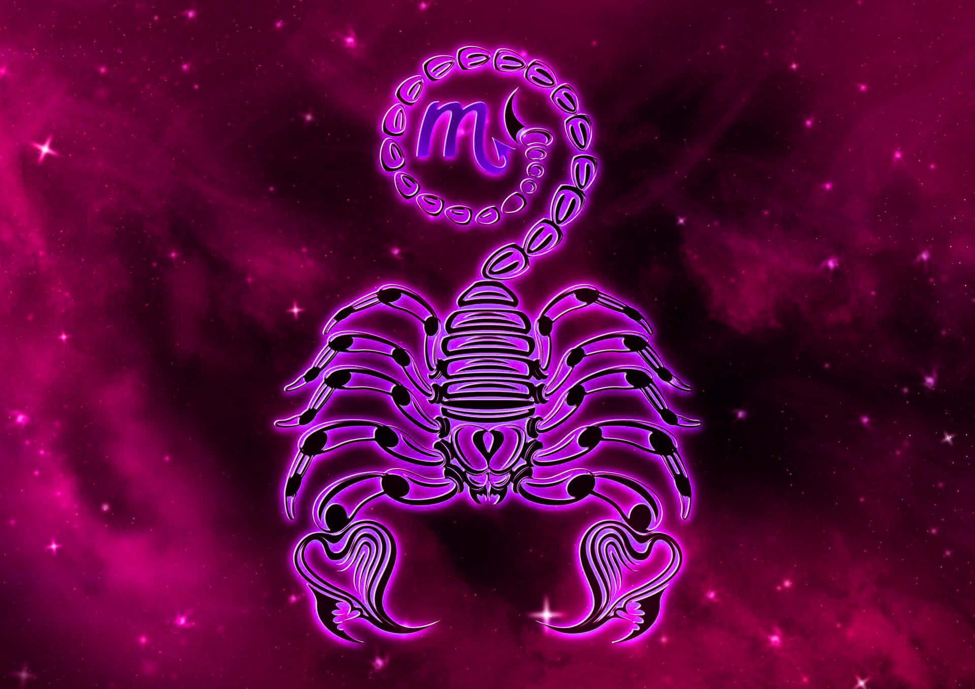Scorpio 桌布 壁紙 — 一個發光的紫色天蠍座星座符號，帶有新月光環，漂浮在充滿活力的洋紅色星空宇宙背景上。