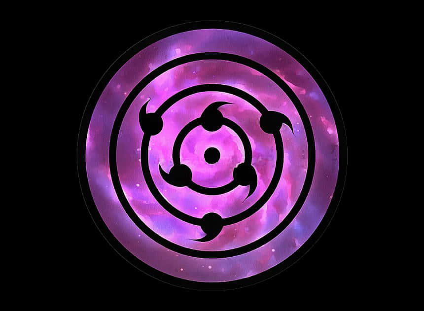 Rinnegan 桌布 壁紙 — 一個發光的紫色宇宙之眼符號，帶有黑色同心圓環和三個巴紋，背景是繁星點點的星雲。